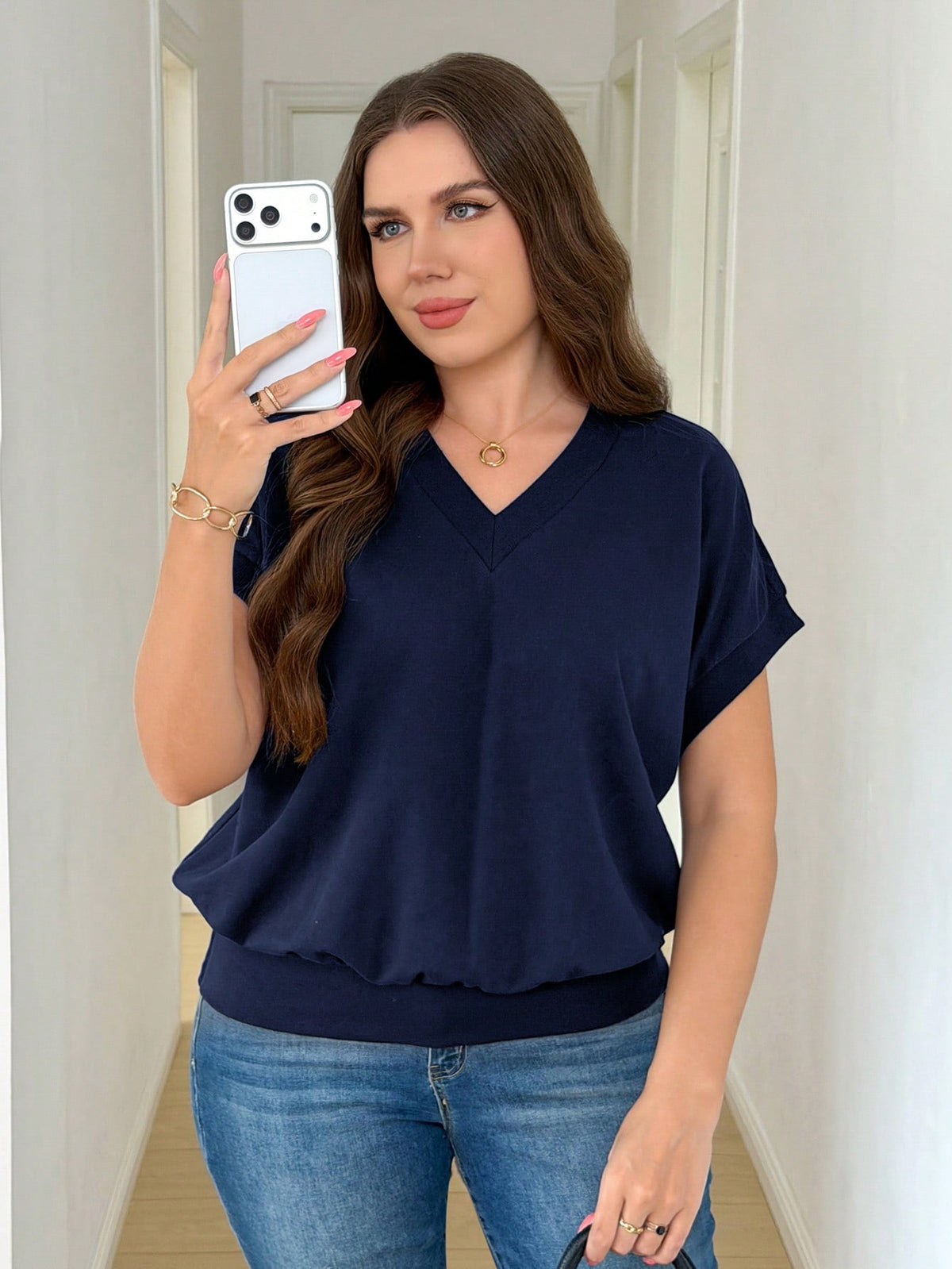 LUNE Plus Size Women V-Neck Batwing Short Sleeve Casual Top