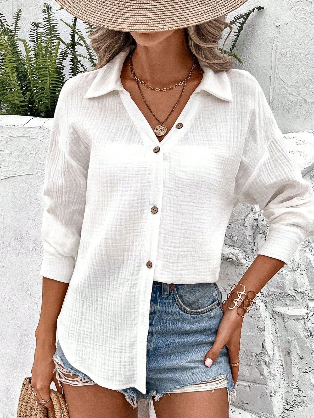 LUNE Solid Drop Shoulder Button Front Shirt,Long Sleeve Tops Fall Cloth For Women