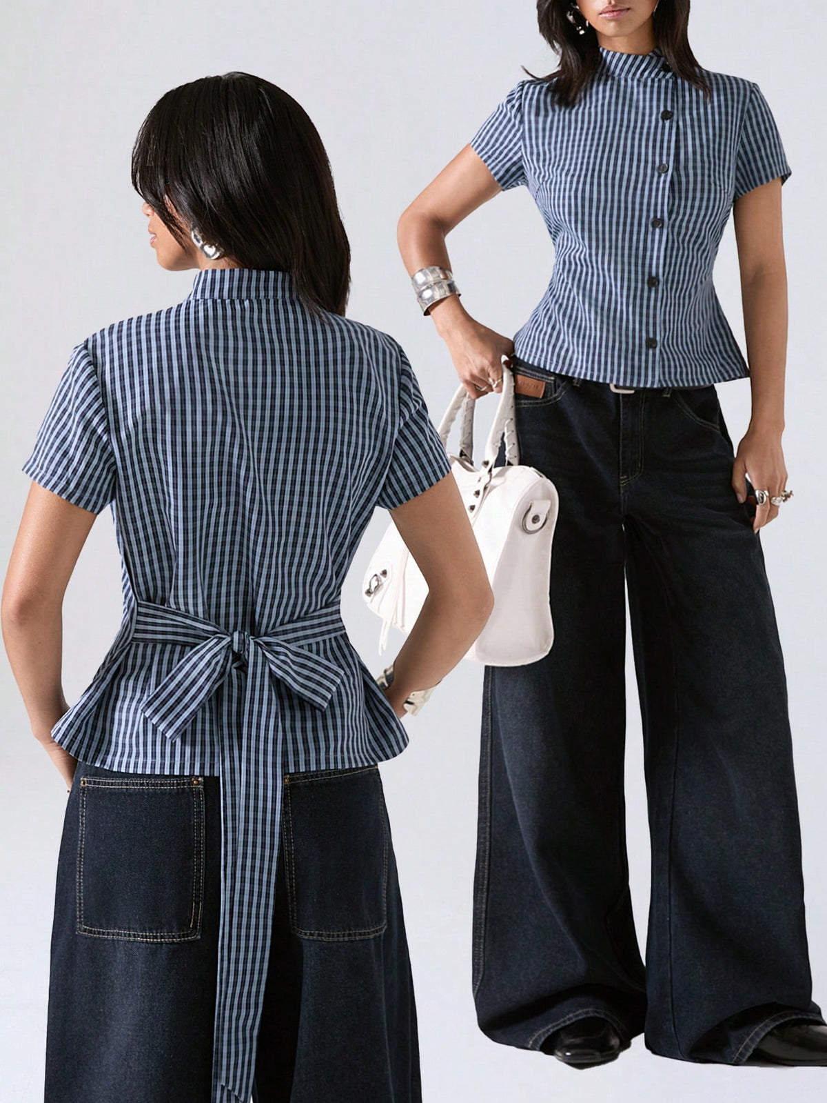 LYSMO 2026 Minimalist Smart Casual Elegant Business Casual Summer Women's Blue And White Stripe Waist-Defining Shirt Blouses Plaid Top Office Brunch Tops