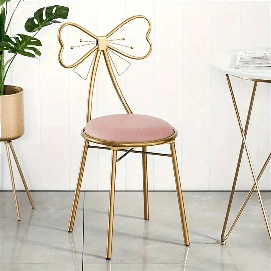 Makeup Vanity Girl Chairs Stool For Bedroom With Bow Knot Backrest,Side Table Seat Dressing Chair With Golden Metal Leg,Velvet Cushion For Girl Daughter Room