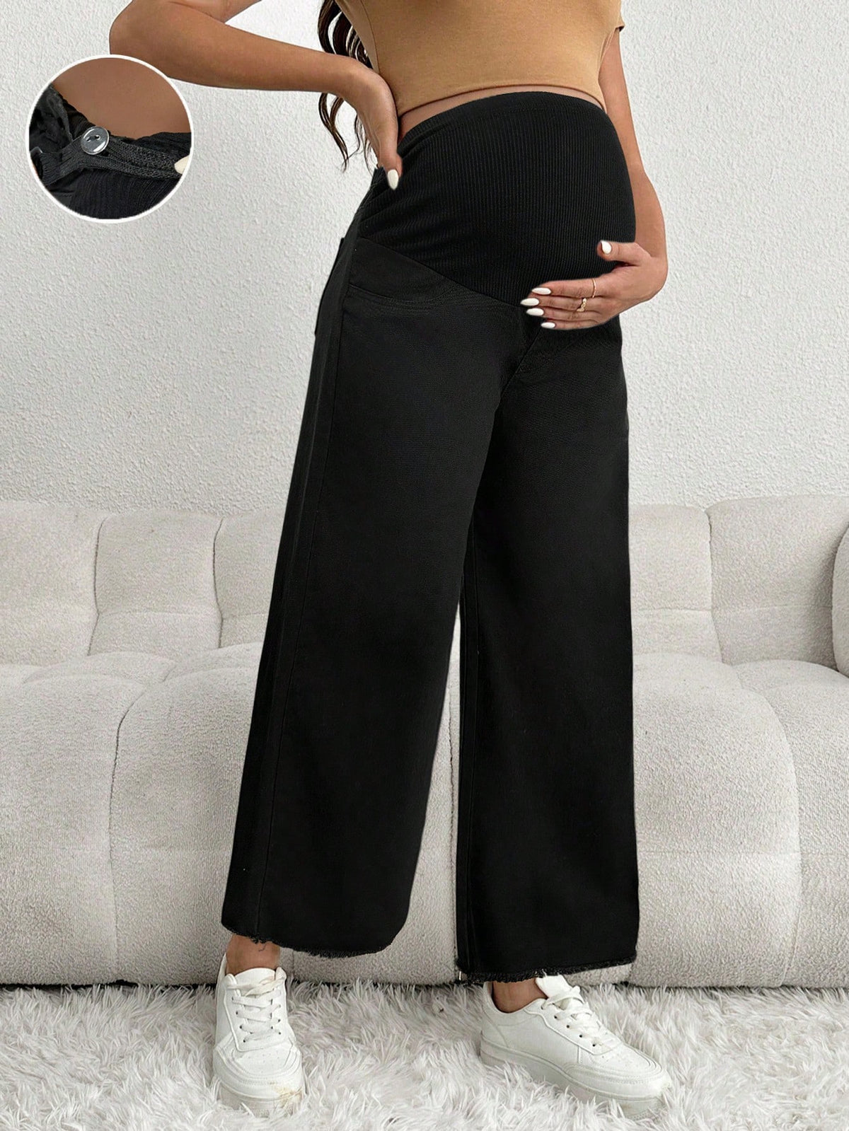 Maternity Casual Loose Black 3/4 Jeans With Patchwork Waist