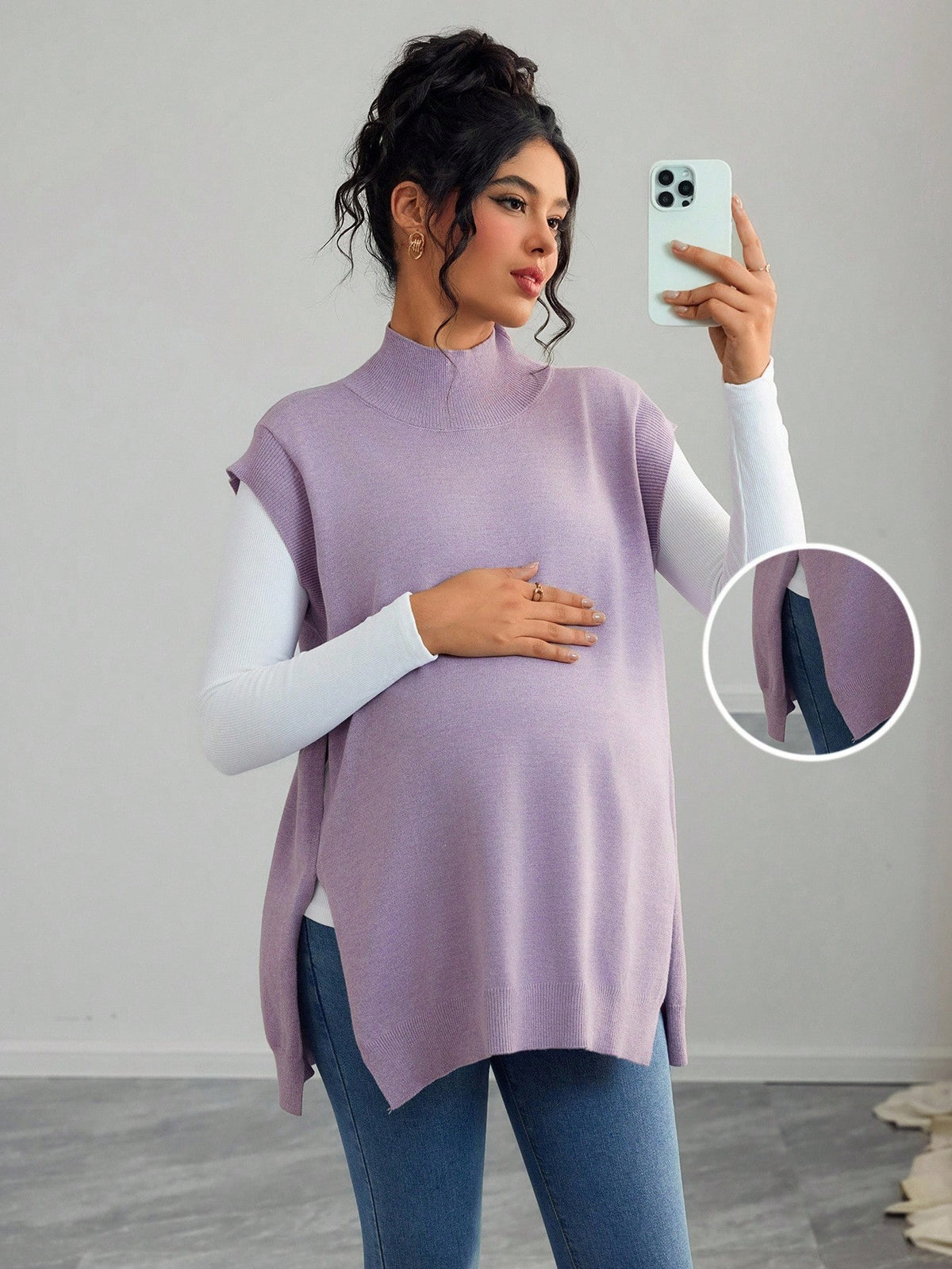 Maternity Casual Solid Color Turtleneck Sleeveless Sweater Vest, Autumn/Winter