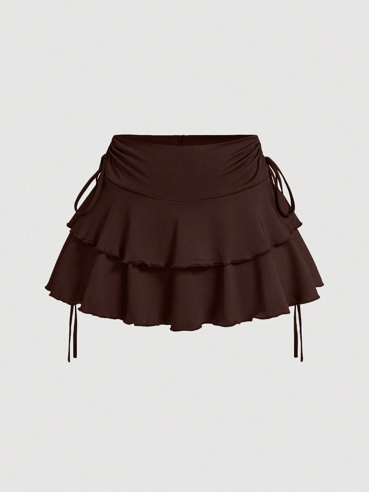 MOD All Shades Of Brown Summer Cute Vacation Women's Drawstring Waist Ruched Skirt, Ruffle Hem Tiered Layer Mini Regular Fit High Waist Plain Skirts