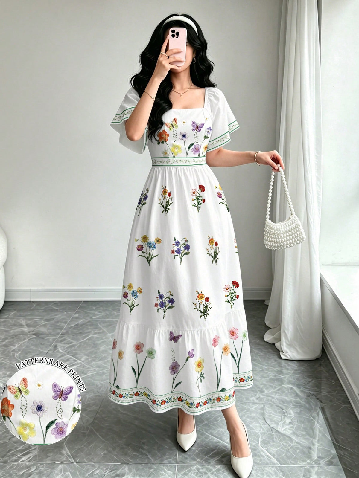 Modelyn Women's Elegant Floral Plant Print White Dress, Fashion Square Neck Large Flutter Sleeve Cap Sleeve Dress, Hemline Patchwork Ruffle Design, Bohemian Style Women's Clothing, Summer Daily And Ou