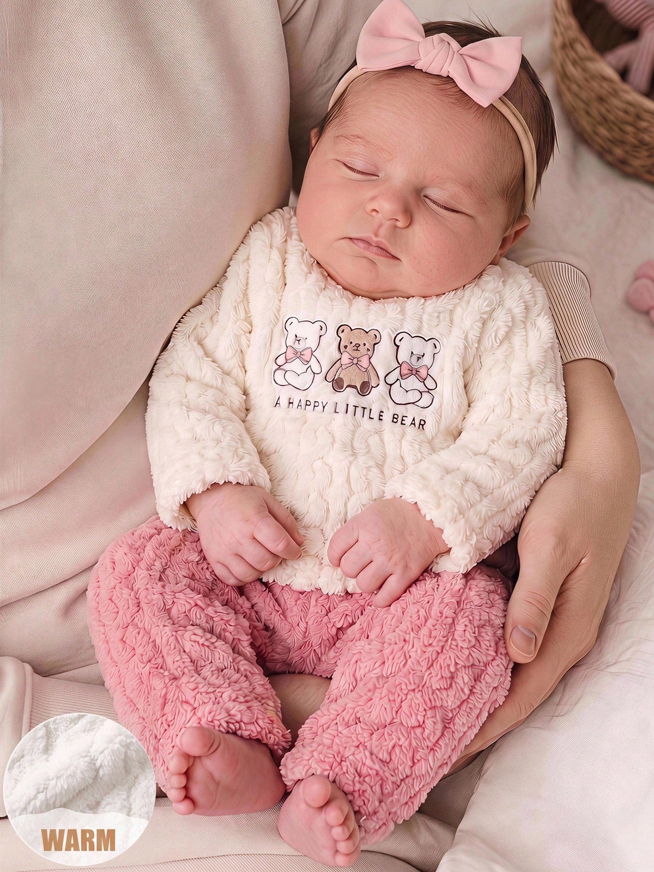 Newborn Baby Pajamas Autumn/Winter Cute Casual Cable Knit Fabric Bear Print Pattern Long Sleeve Sleepwear Pants Loungewear Set
