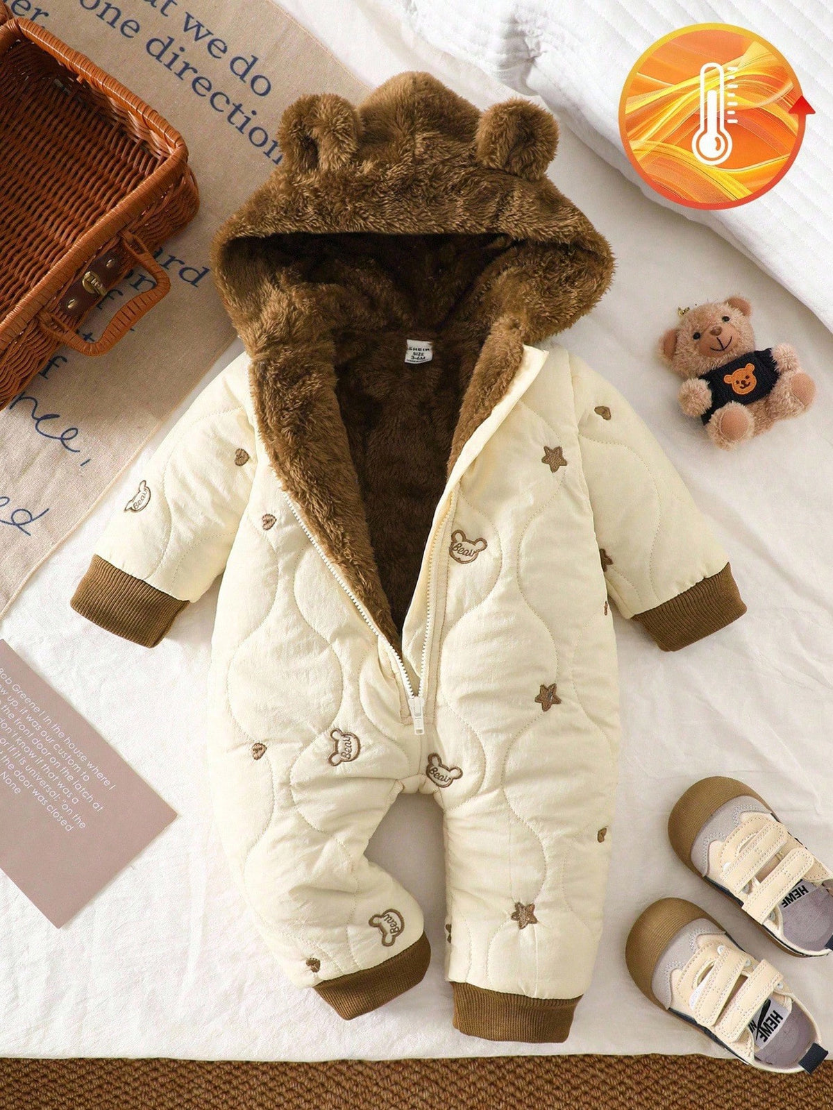 Newborn Unisex Baby Winter Brown And White Polka Dot Cute Modest Date Heart & Star Embroidered Hooded Long Sleeve Jumpsuit Plush Ear Bear Jacket