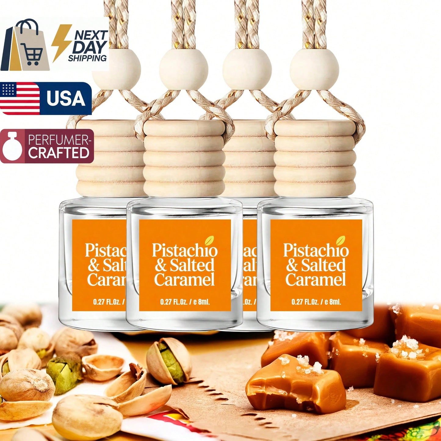 Osmore Caramel Kiss, Extra-Rich Caramel And Creamy Vanilla Car Air Freshener, Strong Sweet Scent For Instant Mood Boost, Warm Dessert-Inspired Hanging Diffuser, Long-Lasting Fragrance For Car, Car Acc