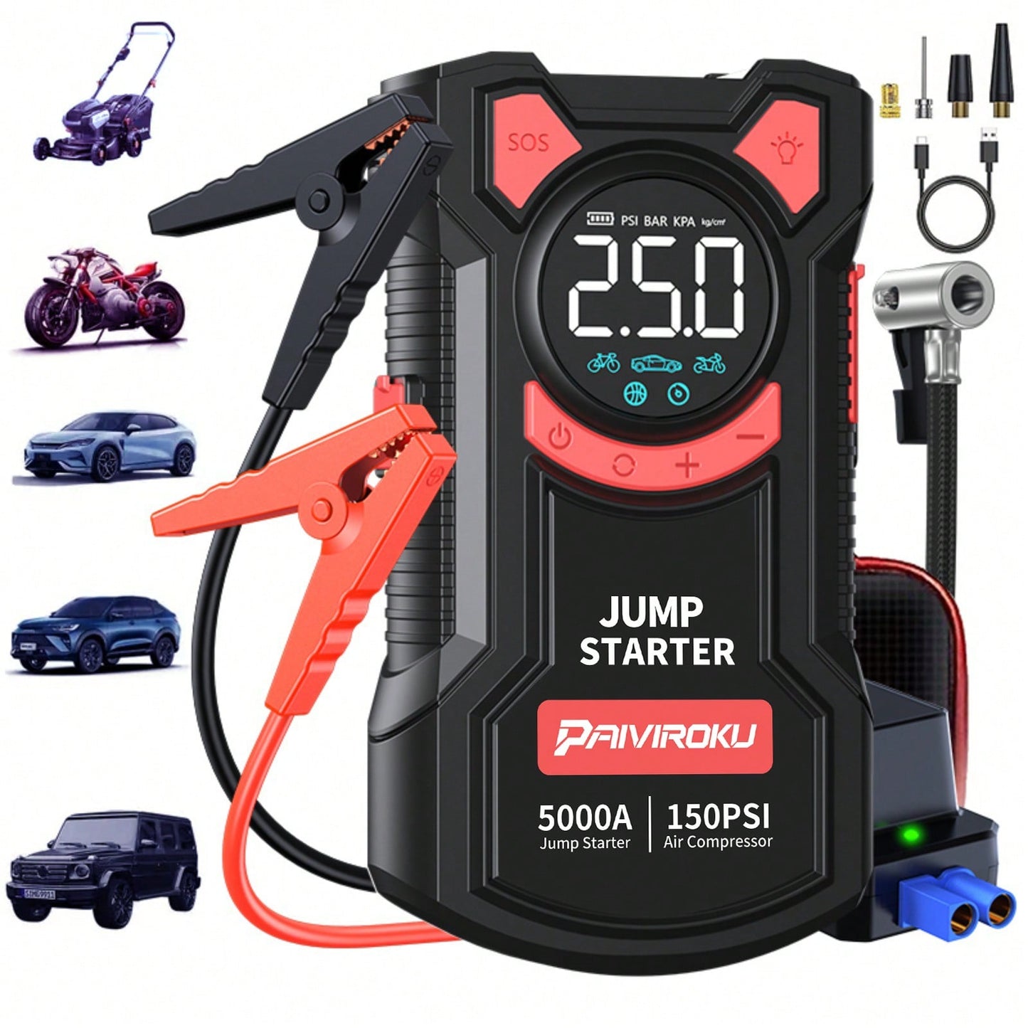 PAIIVIROKU 5000A Peak Car Jump Starter With 150PSI Air Compressor, 5 In 1 Portable Jump Box Battery Pack With Digital Tire Inflator, Fast Charge USB Output & LED Emergency Light, Car Battery Booster F