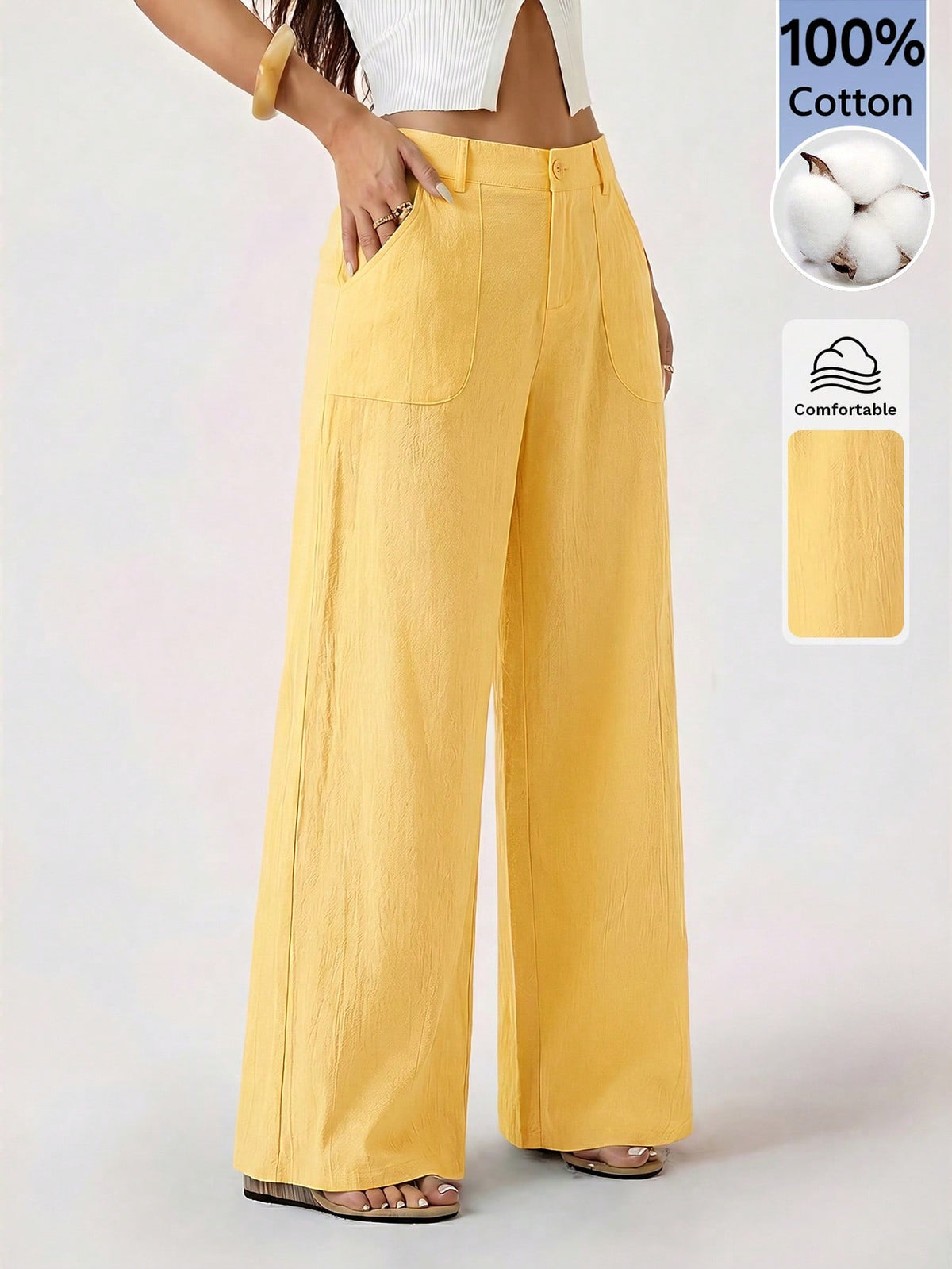 PETITE 100% Washed Cotton Low Waist Straight Pants,Petite Women
