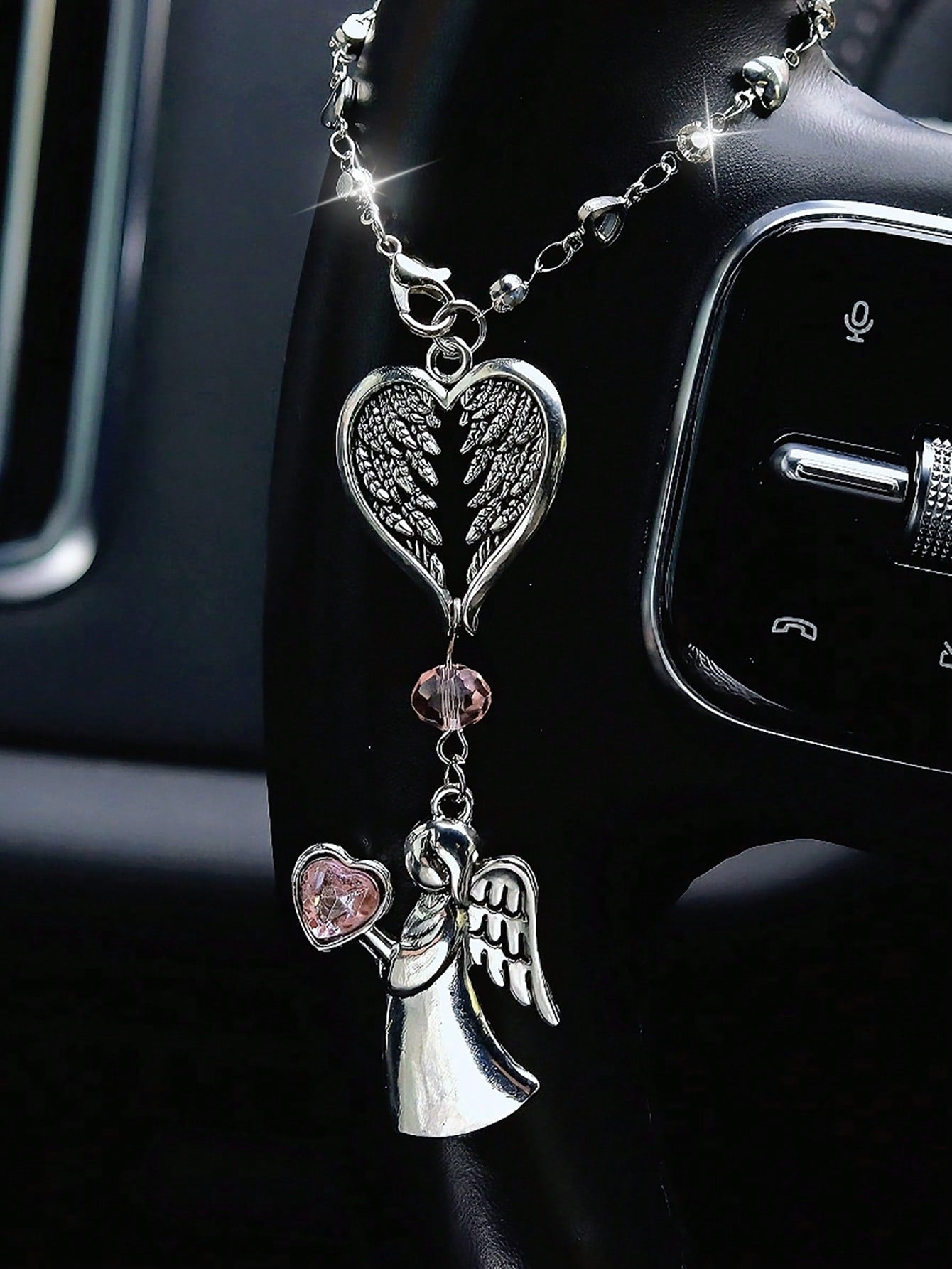 Pink Crystal Guardian Angel Car Pendant- Premium Alloy Angel Charm Versatile For Car Rearview Mirror, Steering Wheel & Women's Handbag Elegant Auto Interior Decor Accessory Ideal Gift For Women, Girlf