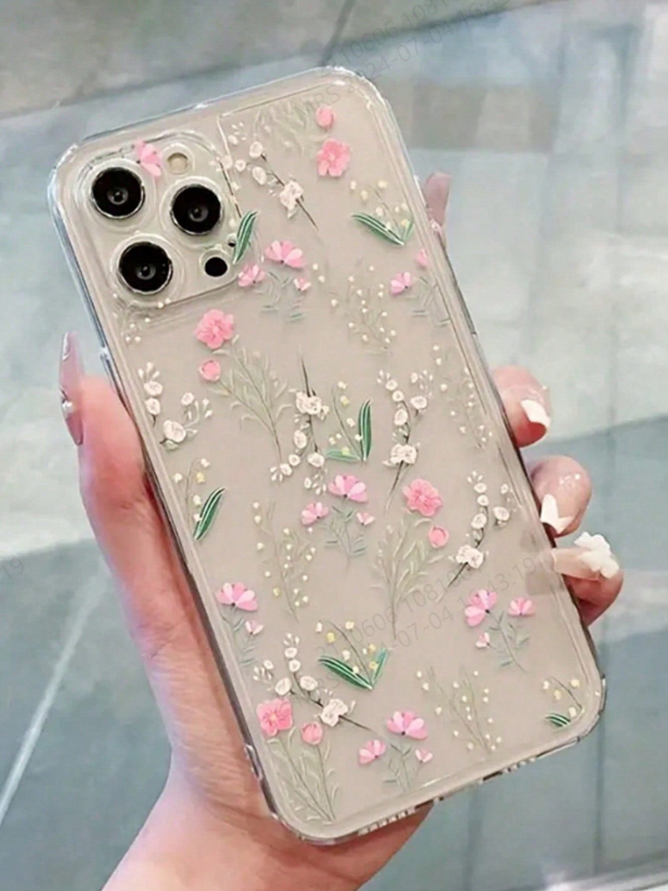 Pink Flower Elements Fashion Phone Case Flower Phone Case Flower Line Drawing Illustration Precision Hole Space Shell Transparent Painted Thick Shockproof Phone Case, Compatible With IPhone 15 Promax