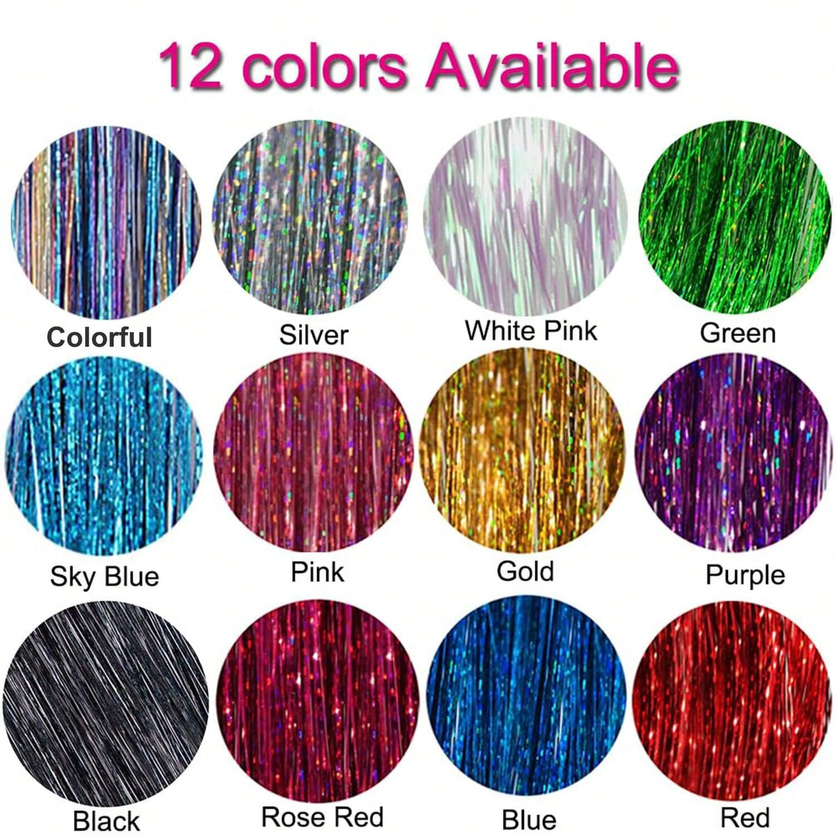 Pink Hair Tinsel Kit With Tool 6pcs 1200 Strands Glitter Tinsel Hair Extensions Heat Resistant Sparkling Shiny Fairy Hair Accessories For Women Girls Kids 47Inch