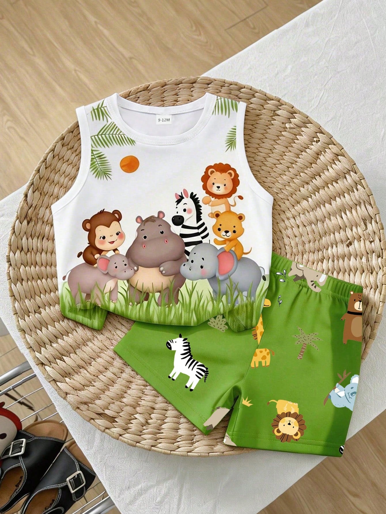 Playful Pals 2pcs Baby Boy Outfit, Cute Forest Animal Green Pattern Print Vest Top Paired With Matching Animal Print Shorts, Suitable For Outings In Summer