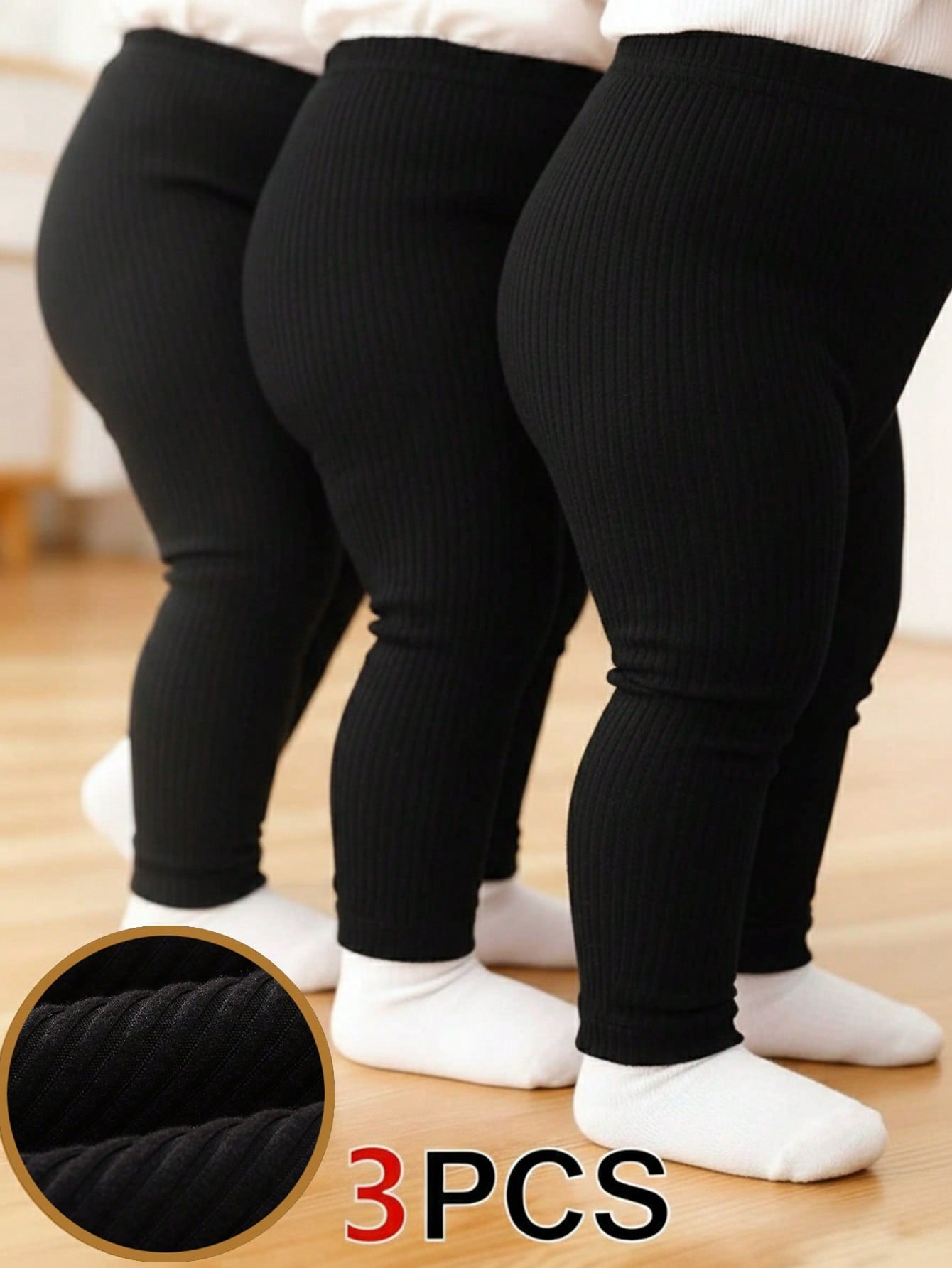 Playful Pals 3pcs/Set Baby Girls' Knitted Corduroy Elastic Leggings Black Autumn Basic Casual School Solid Color Pants Tights Bottoms Trousers All-Match All Season