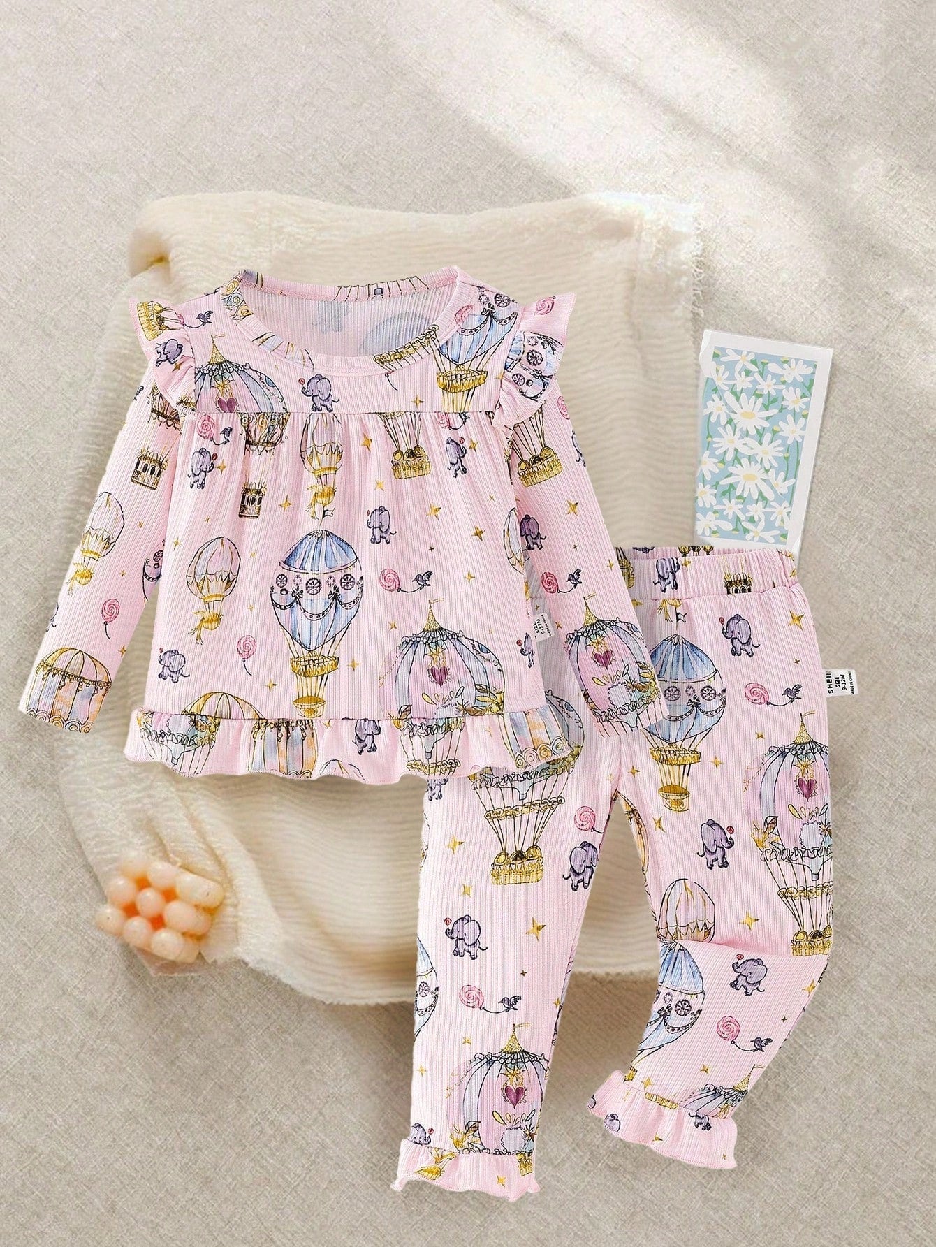 Playful Pals Baby Girls Cute Whimsical Hot Air Balloon & Elephant Print Long Sleeve Top And Pants Set, Cozy And Comfortable, Perfect For Everyday Casual Wear
