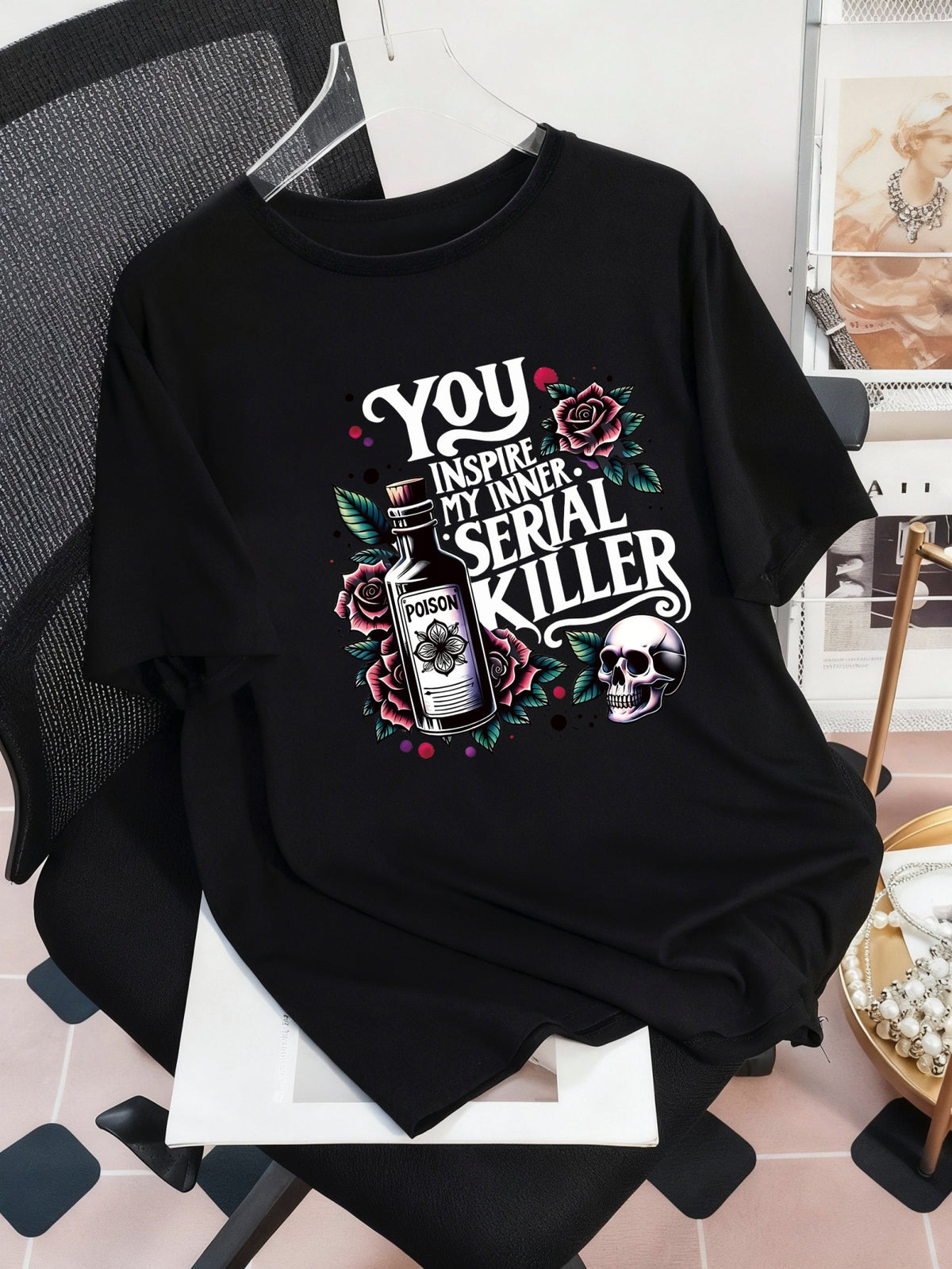 Plus Size Women's Summer Poison Bottle, Rose, Skull And Slogan Graphic T-Shirt Casual Black