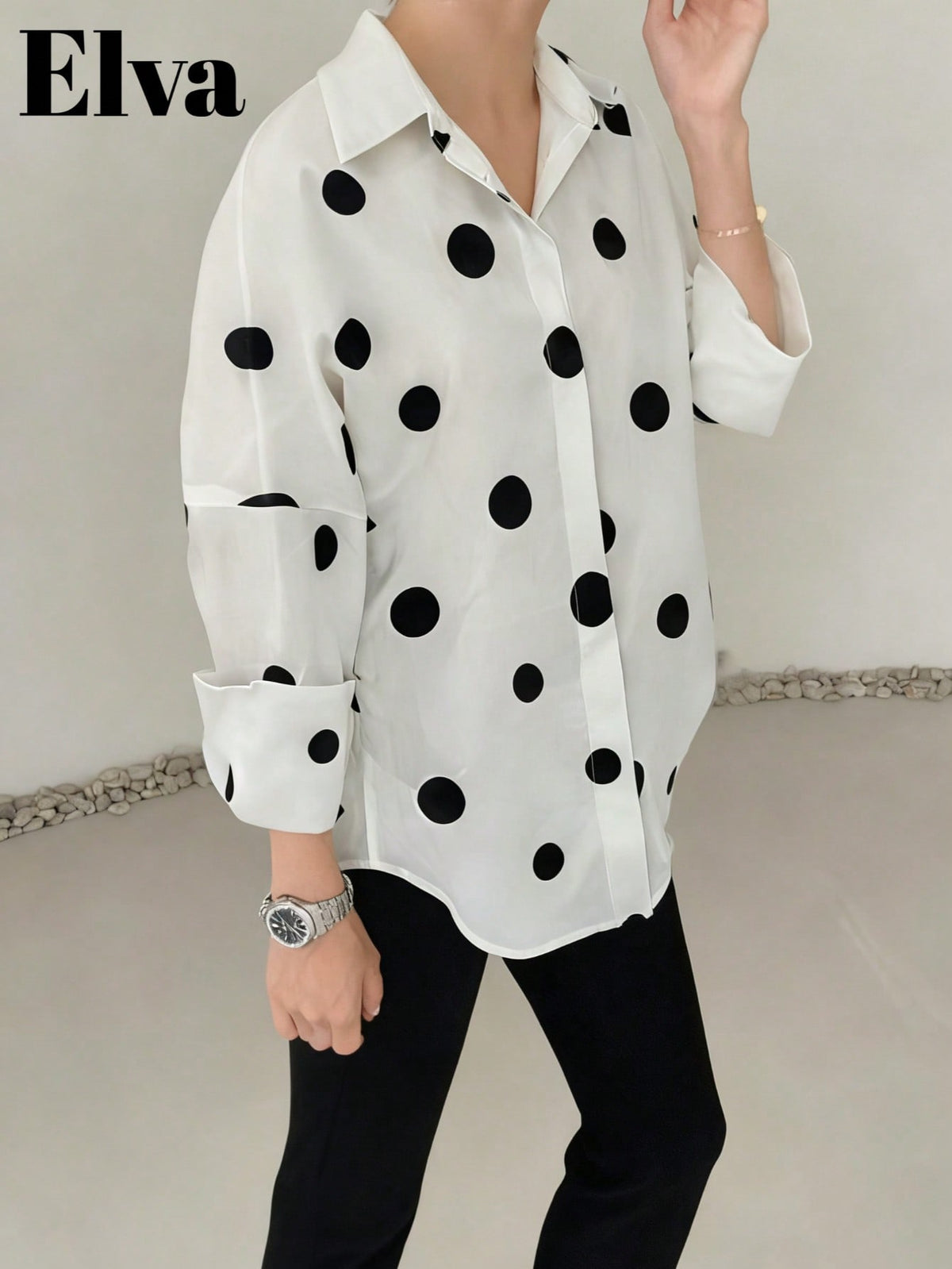 Polka Dot Retro Luxurious Style Long Sleeve Loose Fit Shirt, Suitable For Women's Office Wear, Work Tops, Autumn Womenswear, Back To School Season, Back To School Party, Boyfriend Style Teacher's, Bus