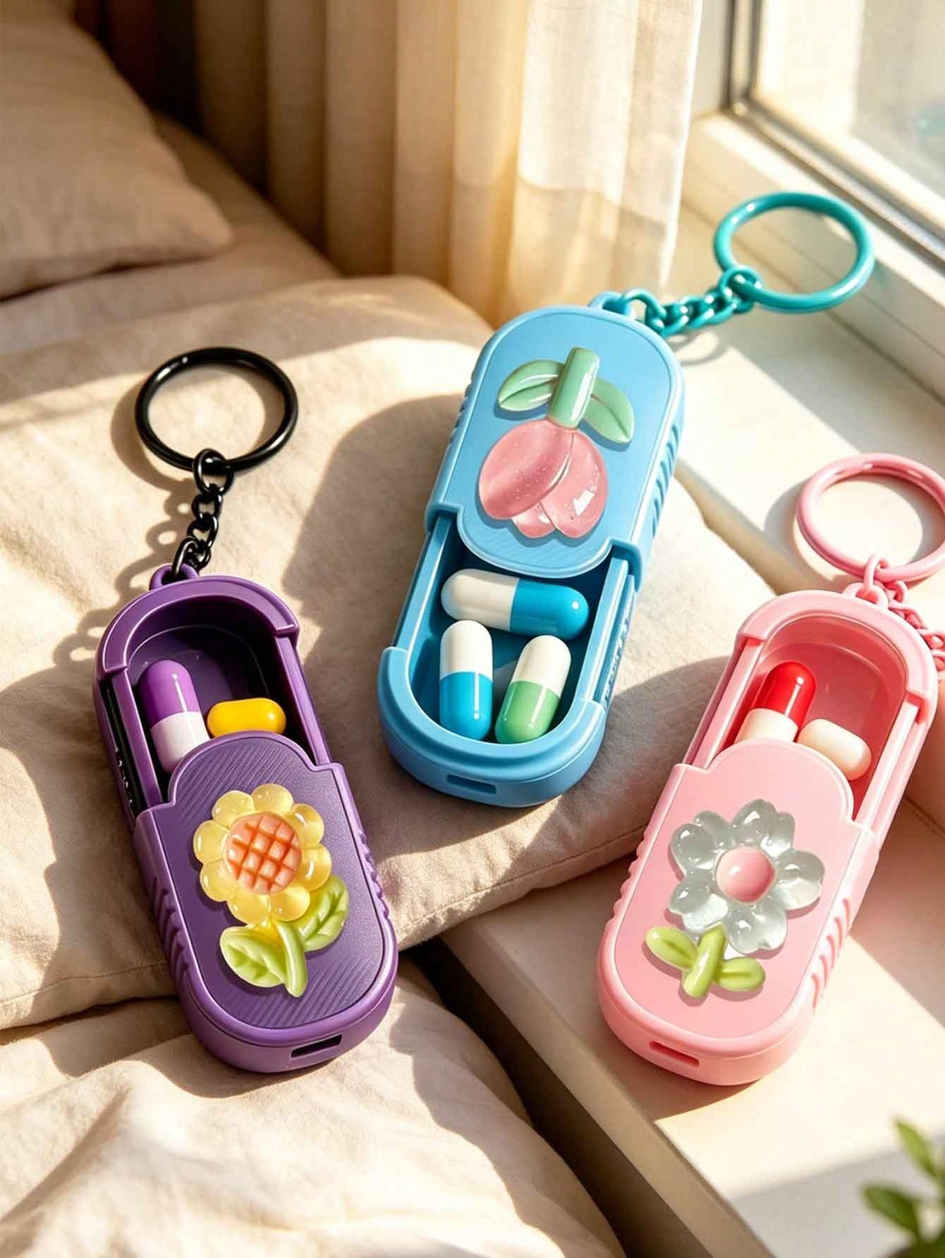 Portable Mini Pill Box With Transparent Resin Flower Sunflower Tulip, Portable Pill Box With Keychain, Office Worker Pill Vitamin Storage Box, Handmade Mini Pill Box, Travel Medicine Storage Box, Dail