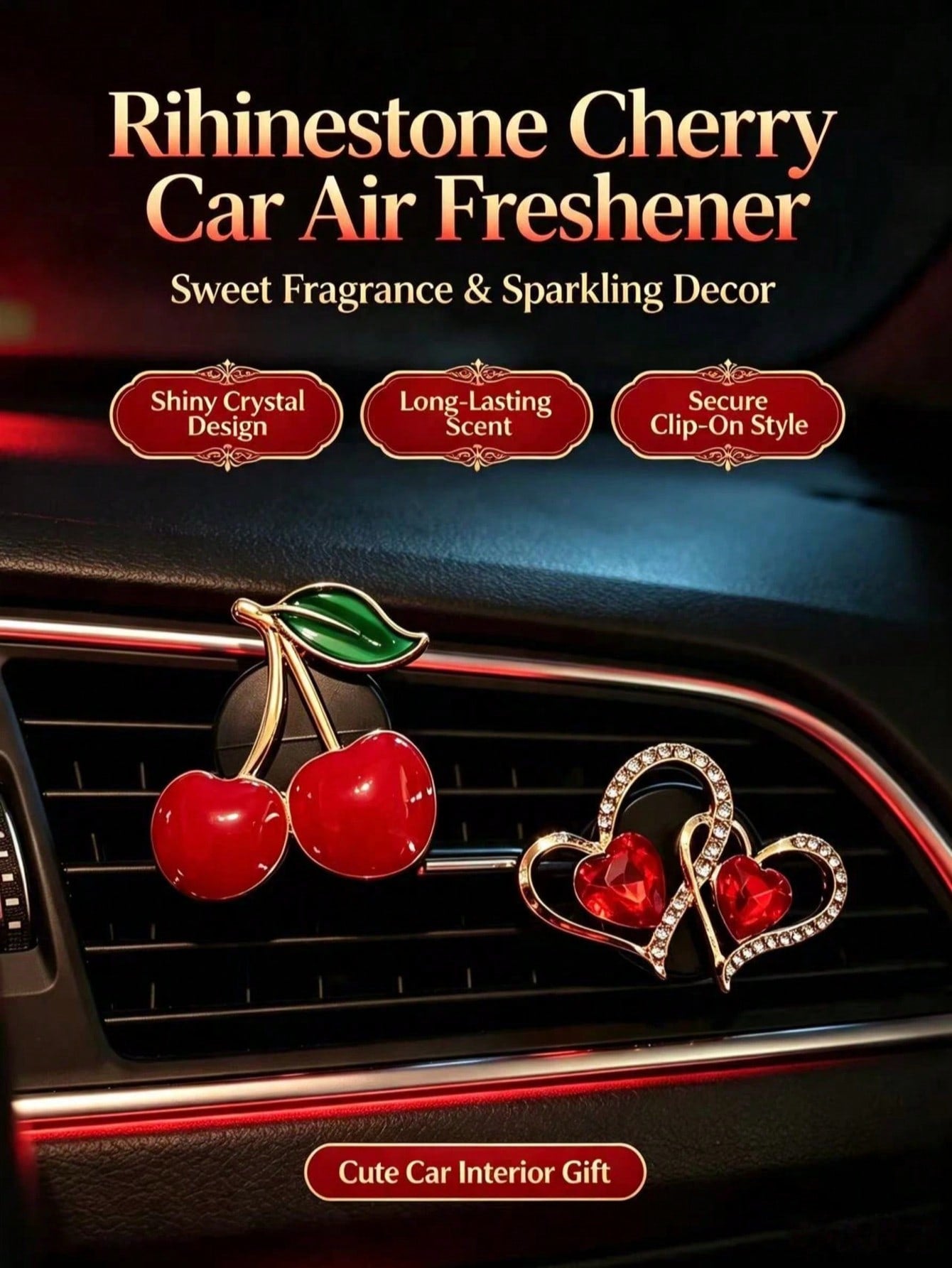 Rhinestone Cherry Double Heart Car Air Vent Aromatherapy Clip, Luxury Red Crystal Air Conditioner Fragrance Clip, Women's Car Decoration For Car Air Vent