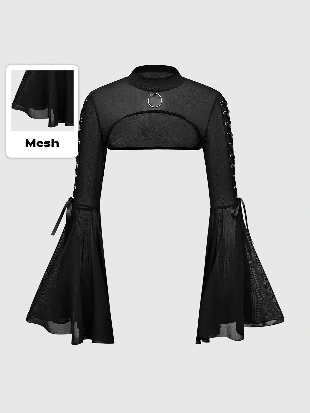 ROMWE Goth Women's Mesh Peephole Drawstring Flare Sleeve Top