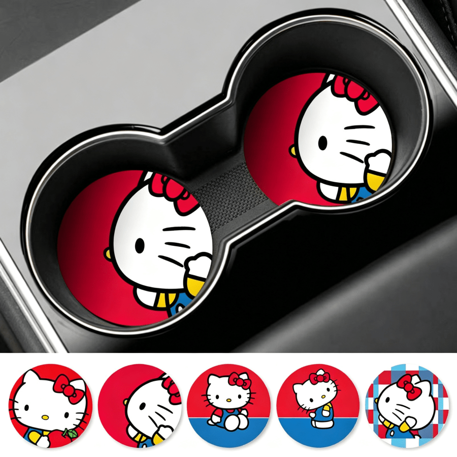 SANRIO 2Pcs Hello Kitty Side Profile Car Coaster: Cute Cartoon Non-Slip Insulated Coaster For Car Cup Holder- For Car- Made Of PU Leather, Ideal Holiday Gift For Family, Friends And Girlfriend