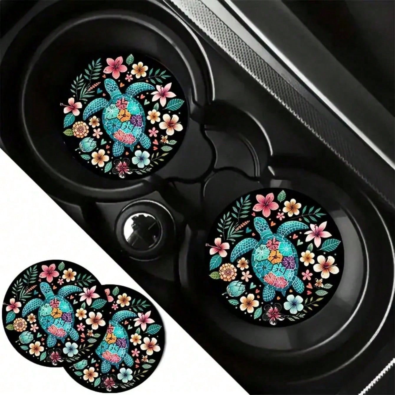 Set Of 2 Turtle-Themed Car Coasters Featuring Vibrant Flowers On A Black Backdrop, Perfect As A Gift For Any Season. Stylish And Waterproof, These Turtle Cup Holders Are Convenient To Transport.