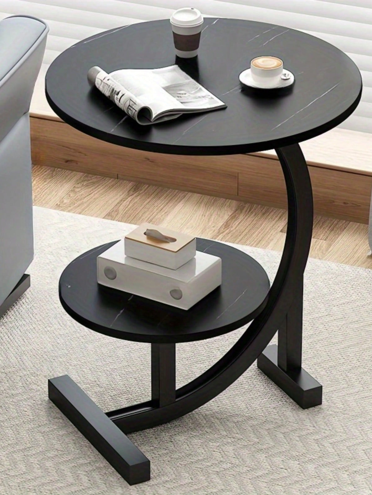 Simple Luxury Solid Wood Circular Coffee Table- Modern Double-Layer Sofa Side Cabinet, Creative Lightweight Luxury Side Table, Chic And Simple Living Room Circular Coffee Table, Suitable For Bedroom