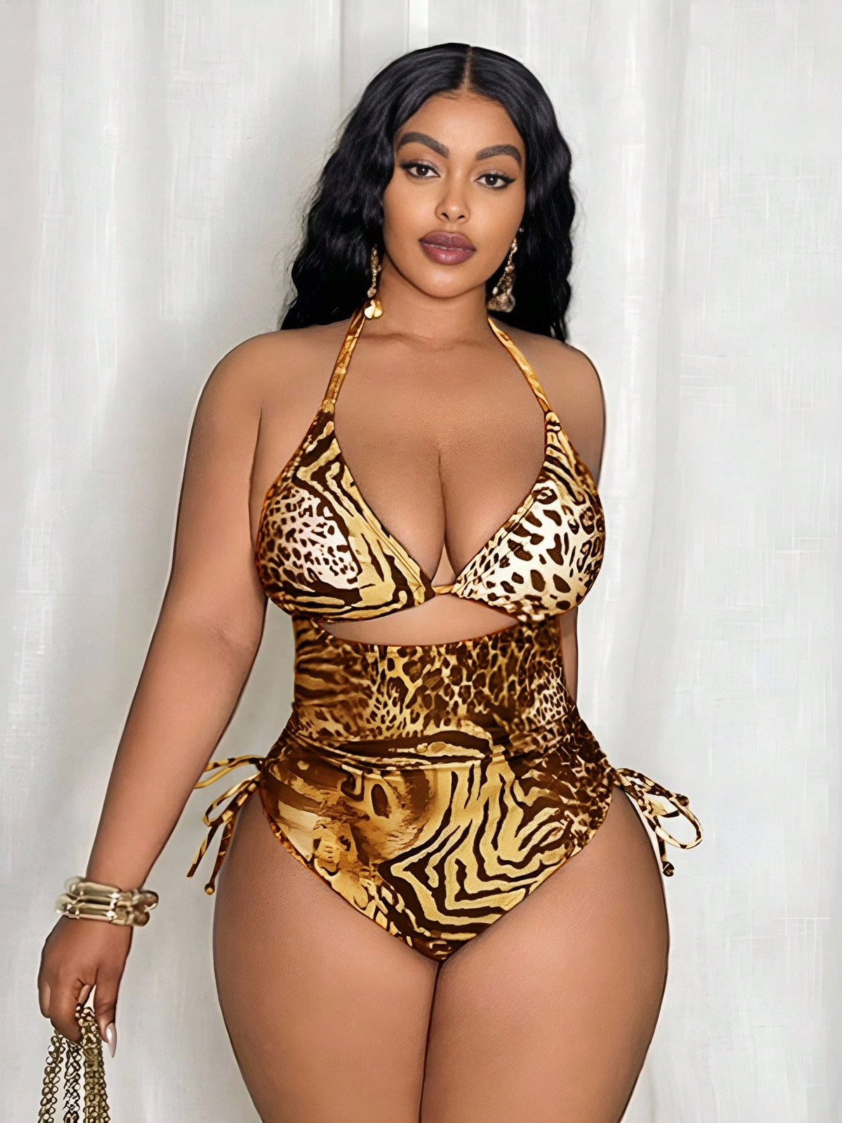 Slaydiva Plus Size Women Leopard Print Triangle Top And Tie Side Bottoms One-Piece Swimsuit For Beach Vacation