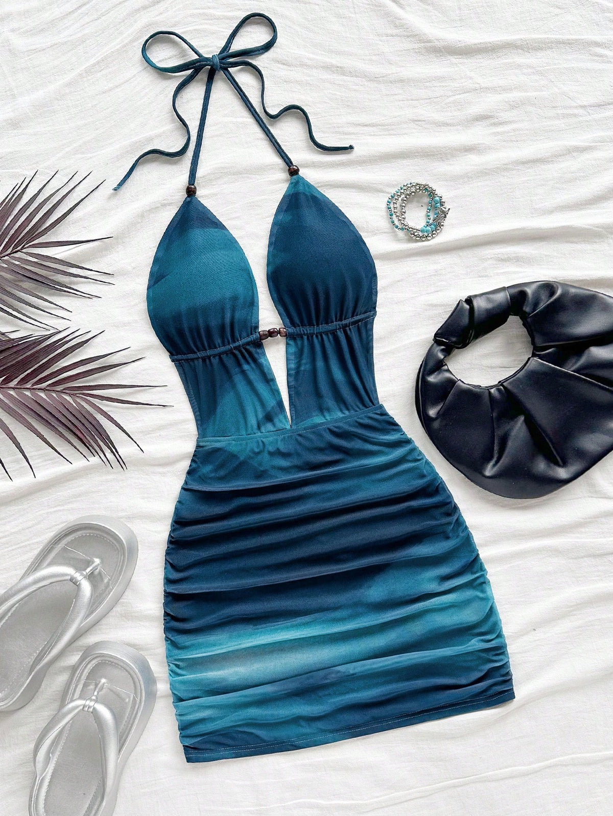 Soleia Women's Retro Tie-Dye Abstract Print Deep V Neck Backless Mini Dress,Dark Teal,Summer,Casual,Beach Club,No Chest Padding