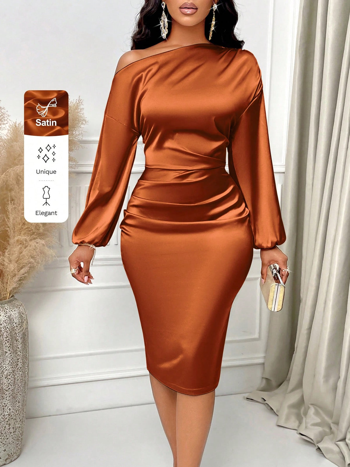 SOLERSUN Asymmetric Neckline Ruched Side Satin Bodycon Dress Maxi Women Outfit Fall Cloth For Women