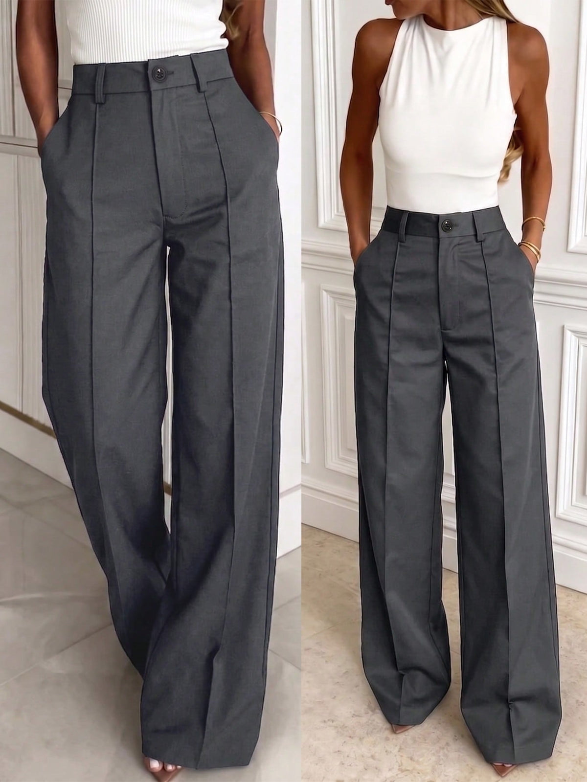 Solid Color Button Zipper Pocket Waist-Cinching Woven Non-Stretch Non-Breathable Suit Fabric Long Pants, Casual Office Commute Daily Spring Summer Style Straight Leg All-Season Long Pants Women's Spr