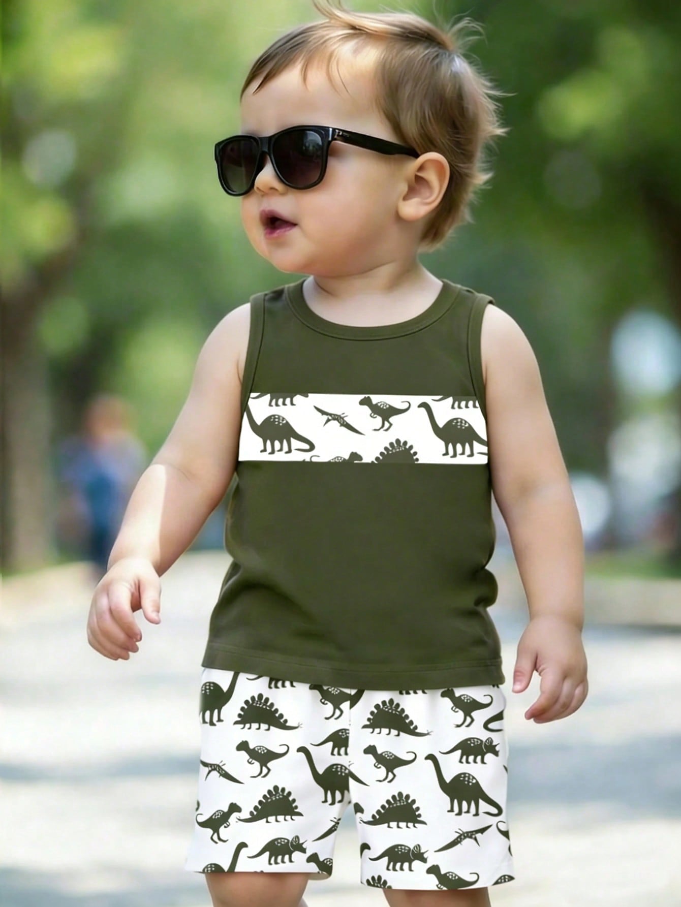 Souflis Souflis 2-Piece Baby Boy Suit,Cute Cartoon Dinosaur Prints Sleeveless Vest & Shorts Set,Dark Green Summer Casual Beach Outfit For School,Parties & Gifts