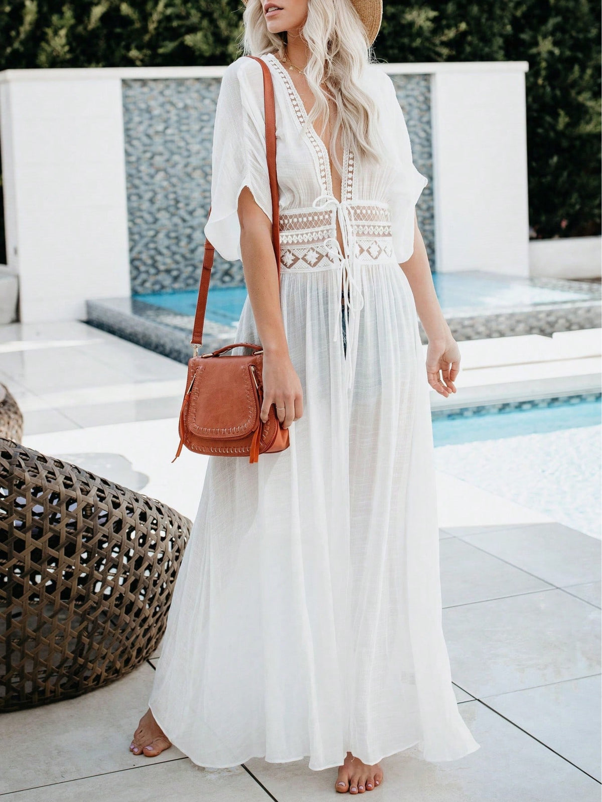 Summer Beach Cardigan, Bamboo-Joint Lace Patchwork Waist Flower Edge Beach Sun-Protective Cardigan