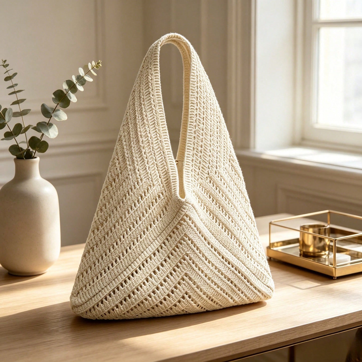 Summer Women'S Vintage Vacation Style,Women Hollow Knitted Shoulder Bag, Simple Crochet Handbag,Lightweight Casual Hollow Out Pattern Crochet Bag