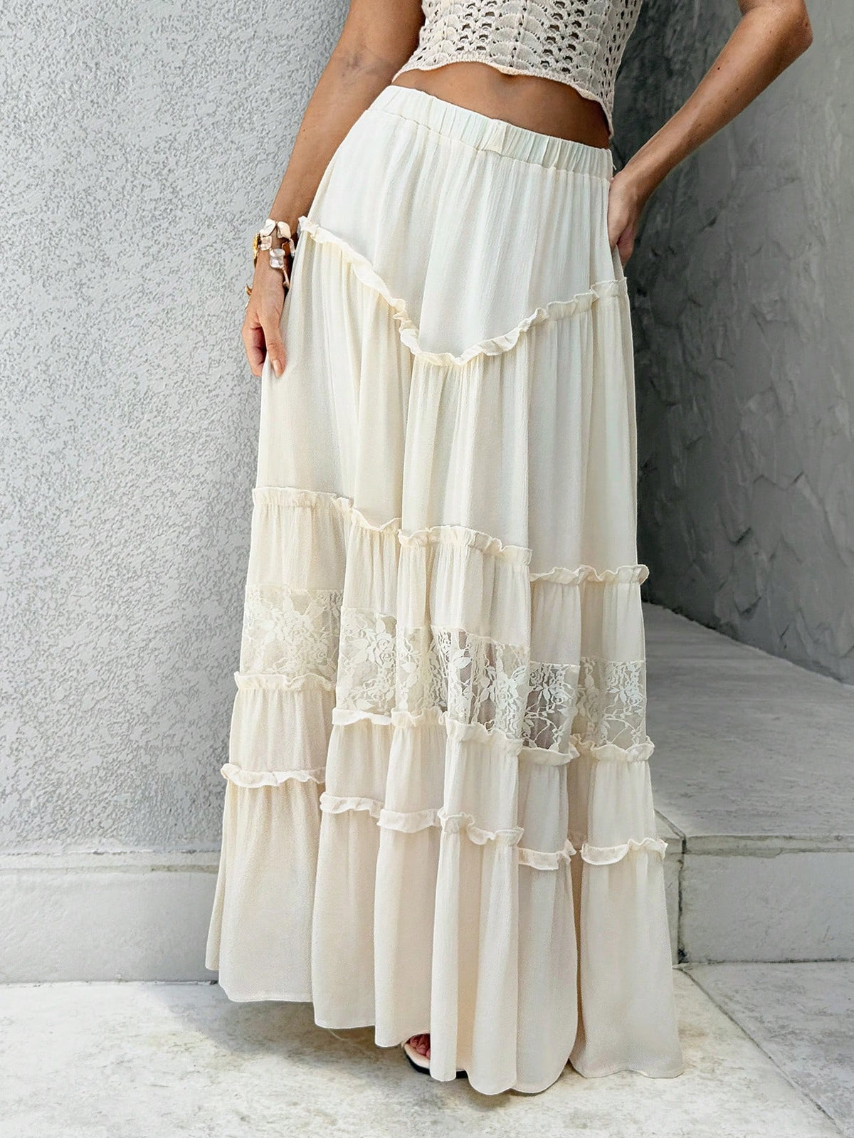 Sunnyshic Apricot Pleated Lace Trim Skirt, Minimalist & Fashionable, Suitable For Summer