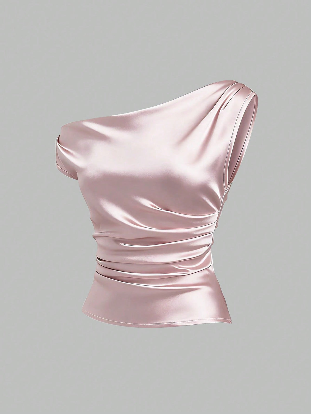 Sweetra Spring/Summer New French Asymmetrical Shoulder, Fitted Pleated Design Satin Women's Pink Shirt, Suitable For Casual Daily Wear, Parties, Banquets