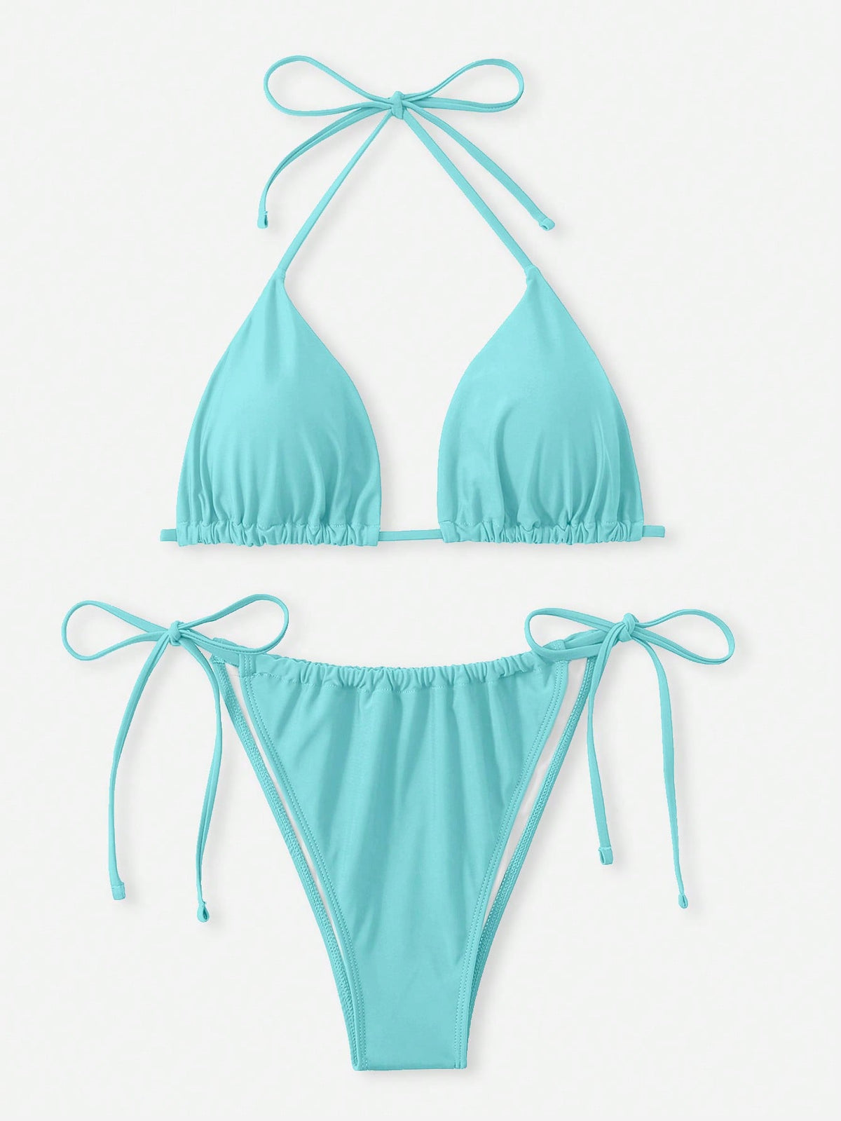 Swim Curve Plus Size Women's 2pcs Light Teal Solid Lace-Up Triangle Cup Tankini Swimsuit Set, Bubble Beach Holiday Summer Vacation Outfits,Two Pieces Set