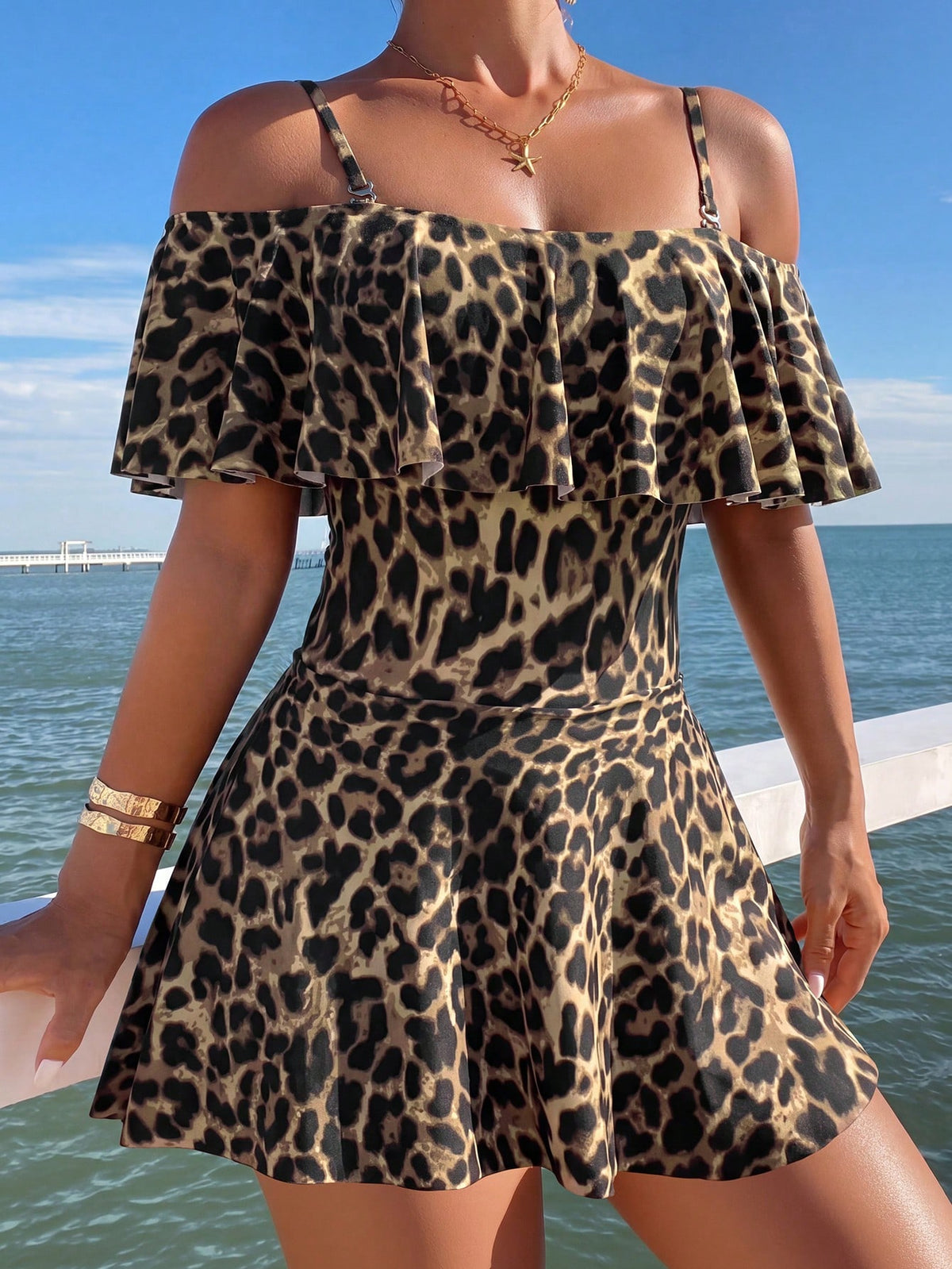 Swim Lushoire Women's Sexy Leopard Print Ruffle Off-Shoulder One-Piece Swim Dress For Summer Beach Vacation