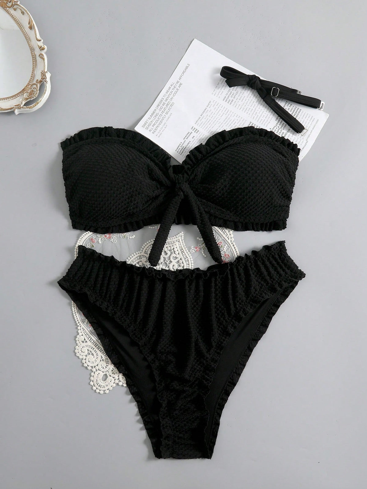 Swim Mod Plus Size Women 2pcs Textured Fabric Spaghetti Strap Tie Front Triangle Bikini Swimwear, Vacation Beach