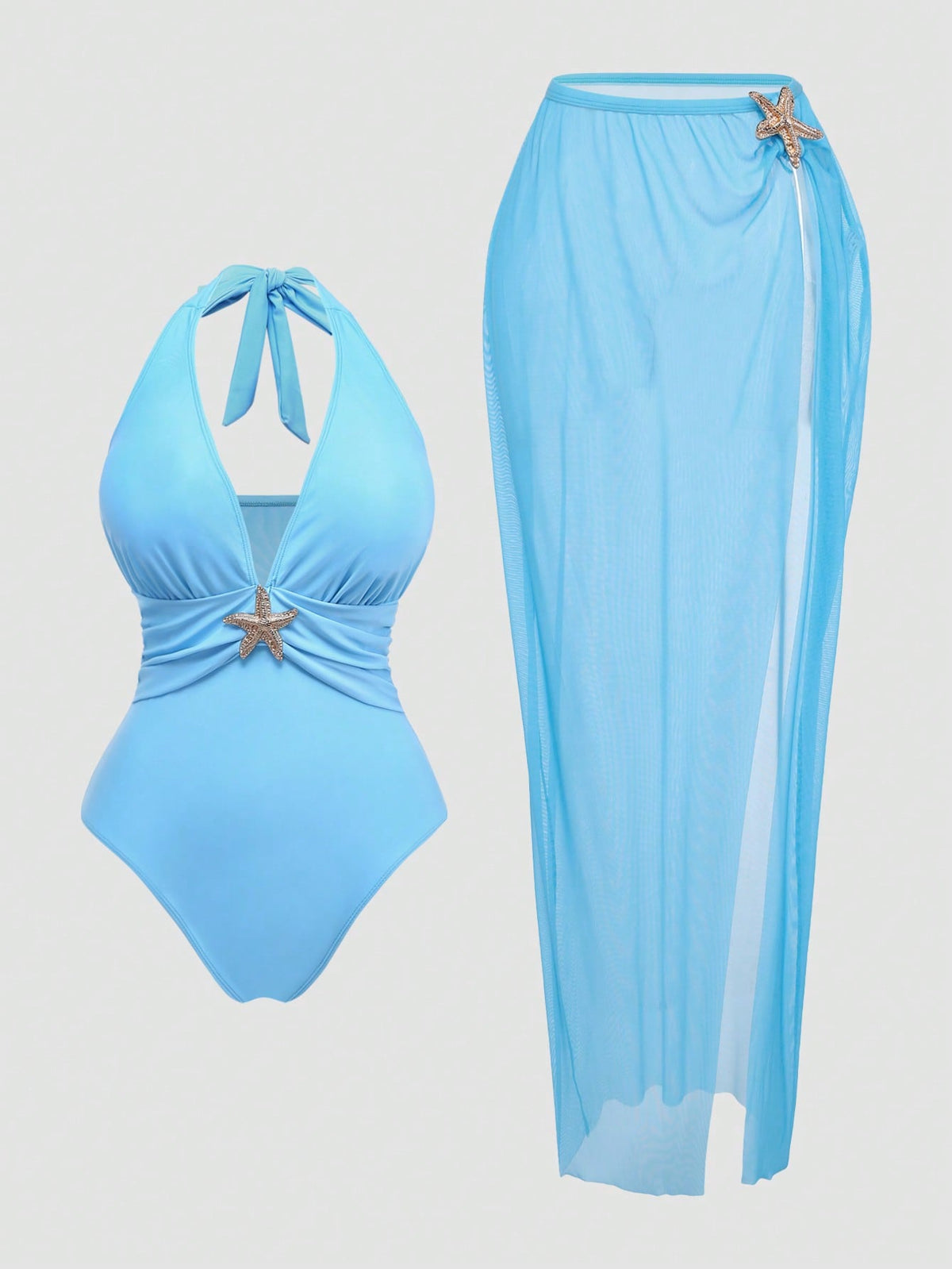 Swim Oasis 2pcs/Set Sky Blue Starfish Halter Bikini Swimsuit, Deep V Plunge Padded Bust Slimming Beach Beach Vacation Holiday Photo Swimwear Summer Elegant
