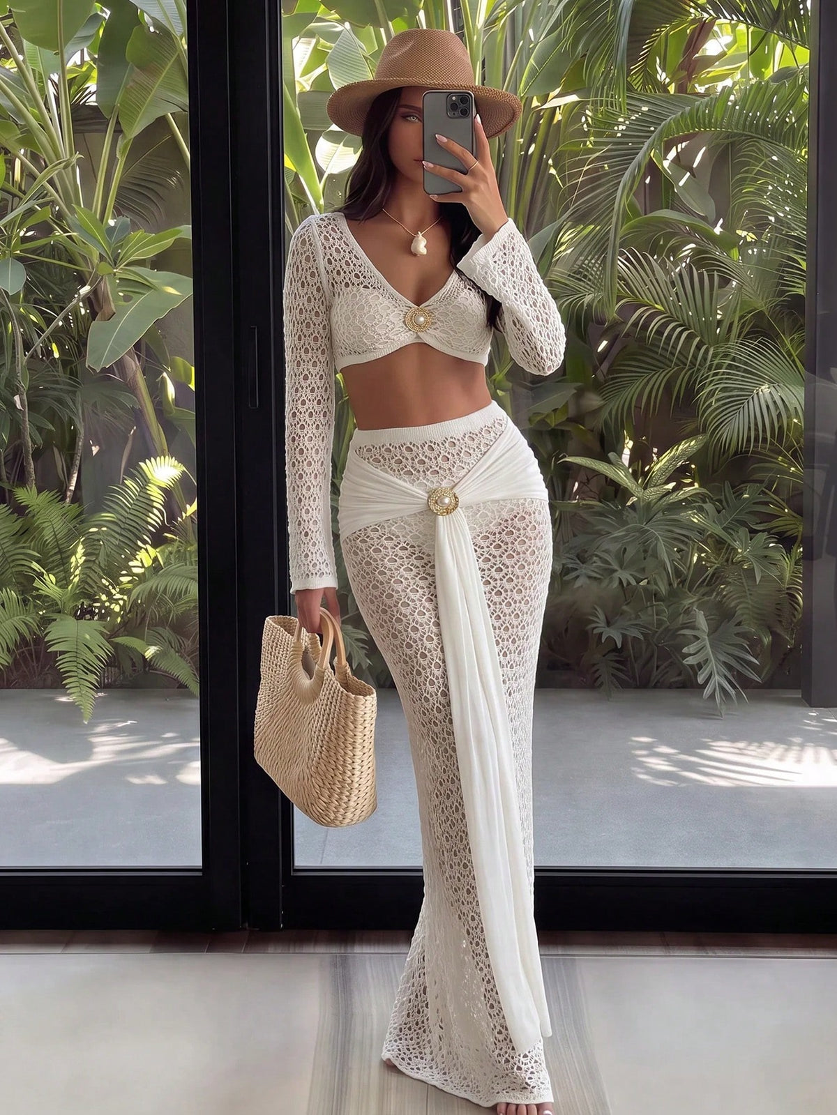 Swim Vcay Beach Vacation Style Hollow Out Crop Top & Long Skirt 2 Pieces Set