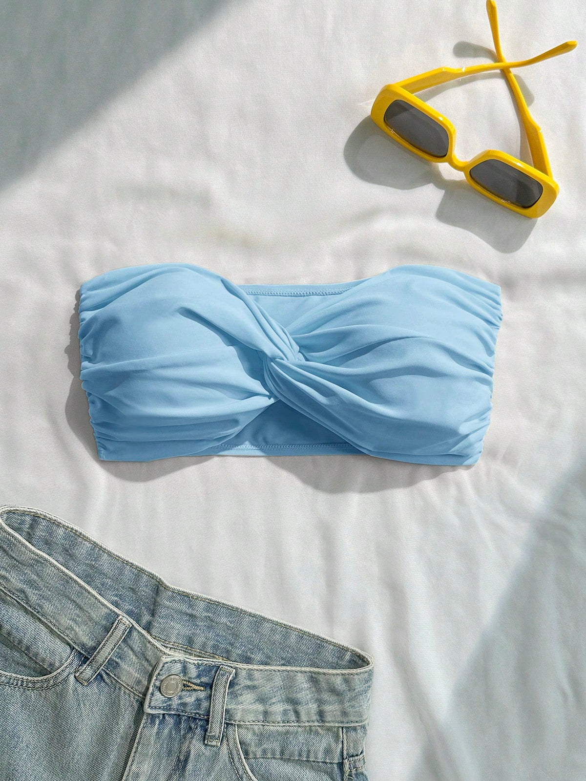 Swim Vcay Women's Baby Blue Twist Bandeau Bikini Top, Minimalist Modest Summer Swimwear, Beach Holiday, Boho Vacation Elegant Top, Cruise Island Road Trip