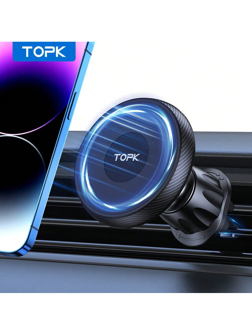 TOPK For Magsafe Car Phone Holder, Powerful Magnetism Premium Quality Support Single-Hand Operation Metal Hook Magnetic Car Phone Mount