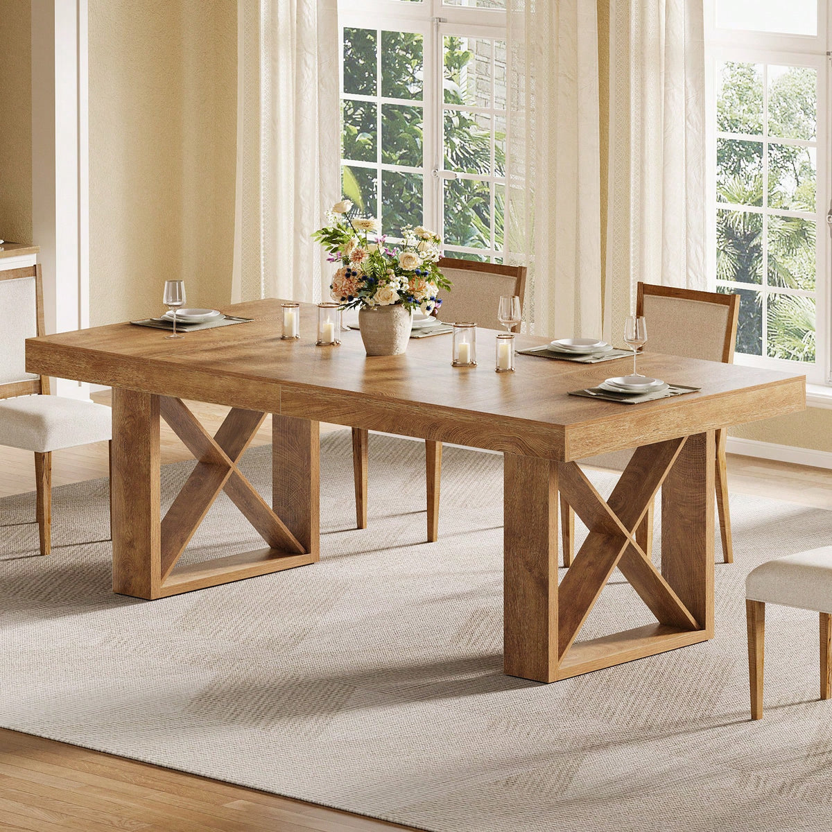 Tribesigns 63-Inch Rectangle Dining Table For 4-6 People, Farmhouse Thick Appearance Design, Rectangular Kitchen Dinner Table For Home, Natural Brown