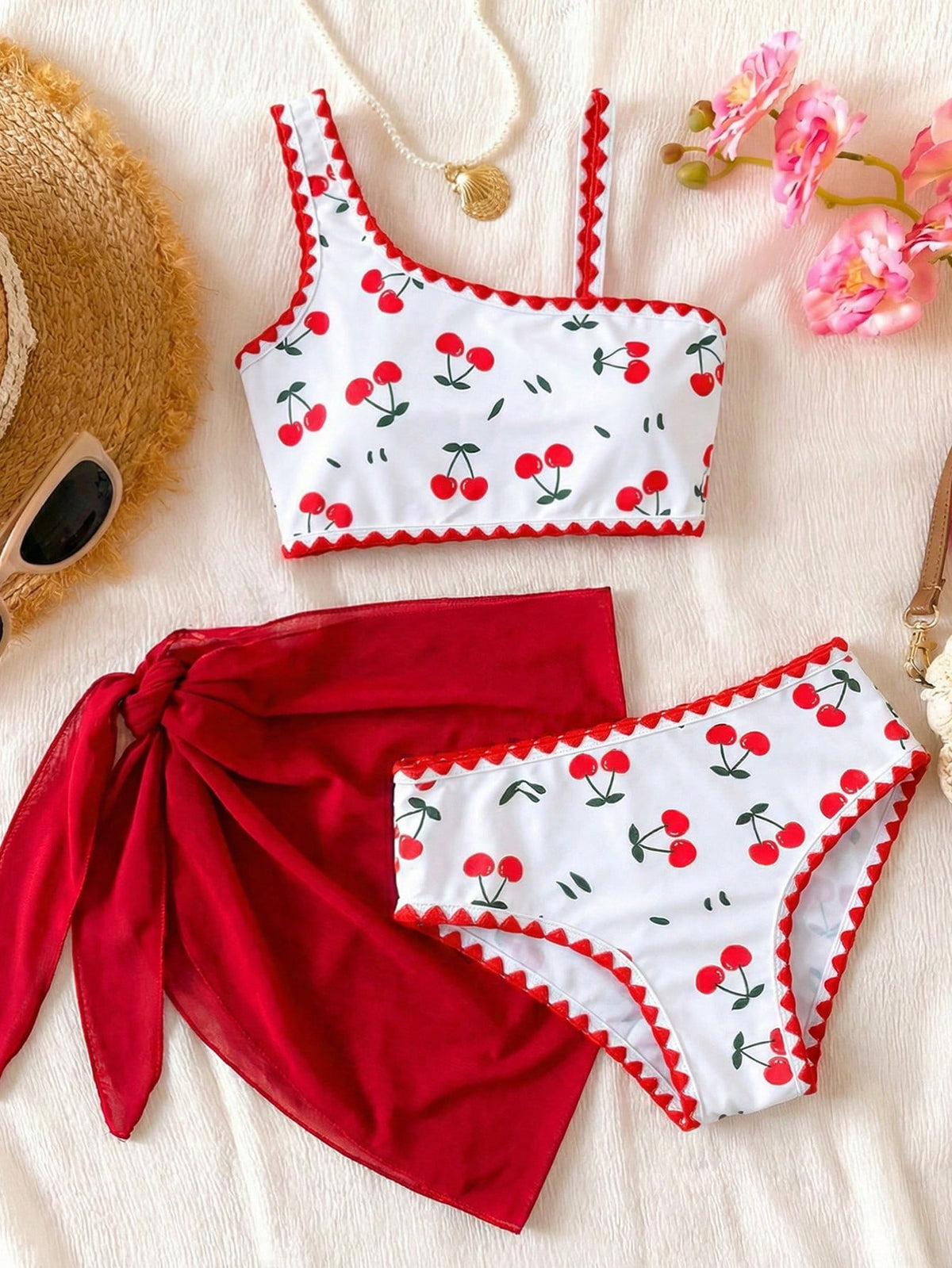 Tween Girl Three Pieces Swimwear Set Cherry Print Bikini With Beach Skirt, Tween Girl