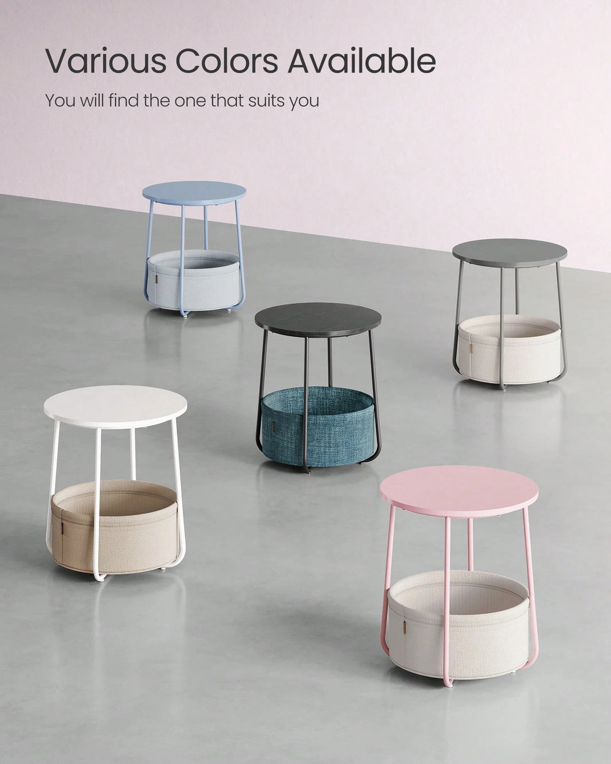 VASAGLE End Table, Small Bedside Table With Fabric Basket, Modern Nightstand, Round Side Table, For Living Room, Bedroom, Jelly Pink And Cream White