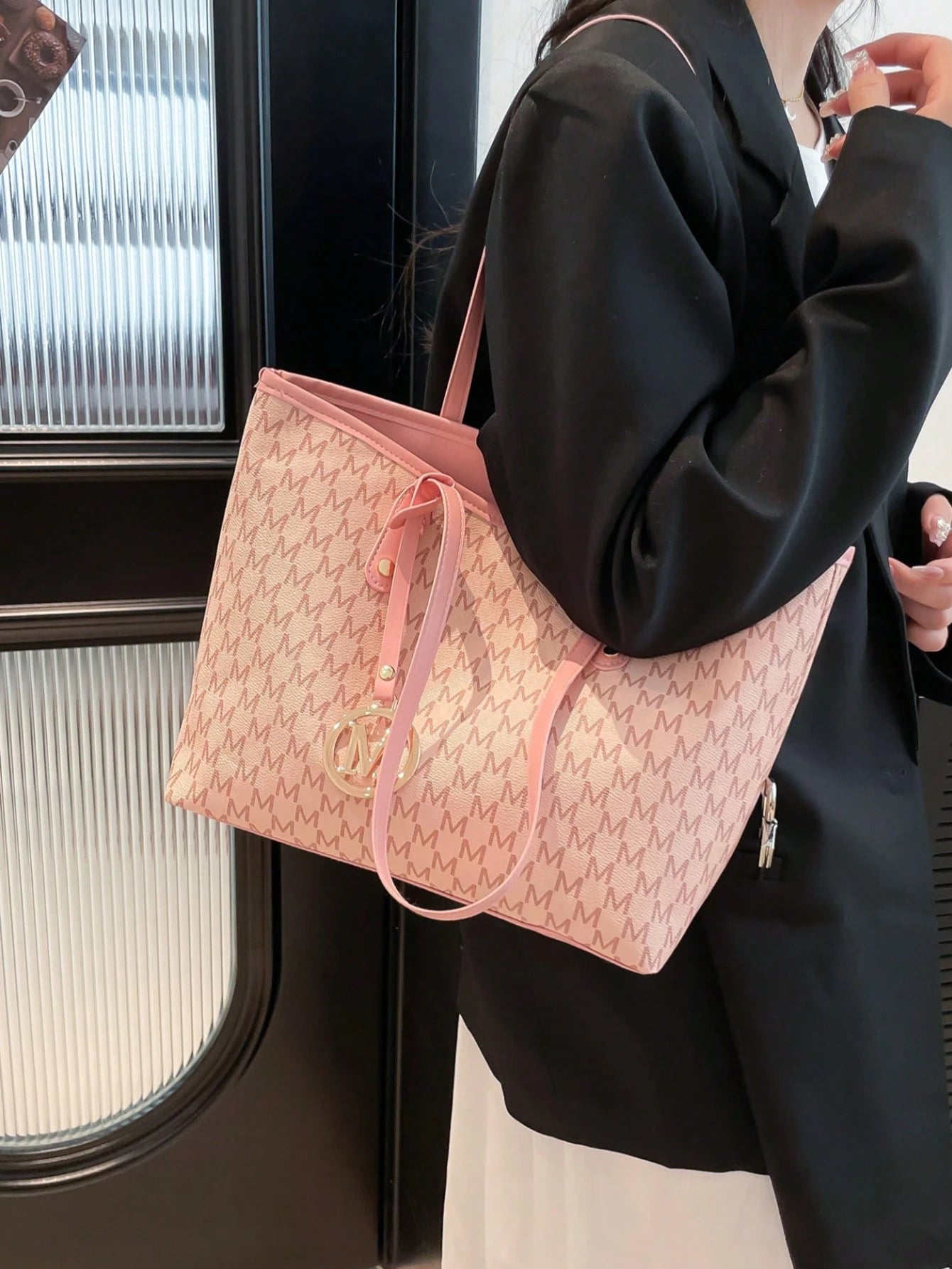 Vintage Letter Print Shoulder Tote Bag, Large Capacity Shoulder Bag, Underarm Bag Essential For Commuting, Mother's Day Gift,Pink Bag