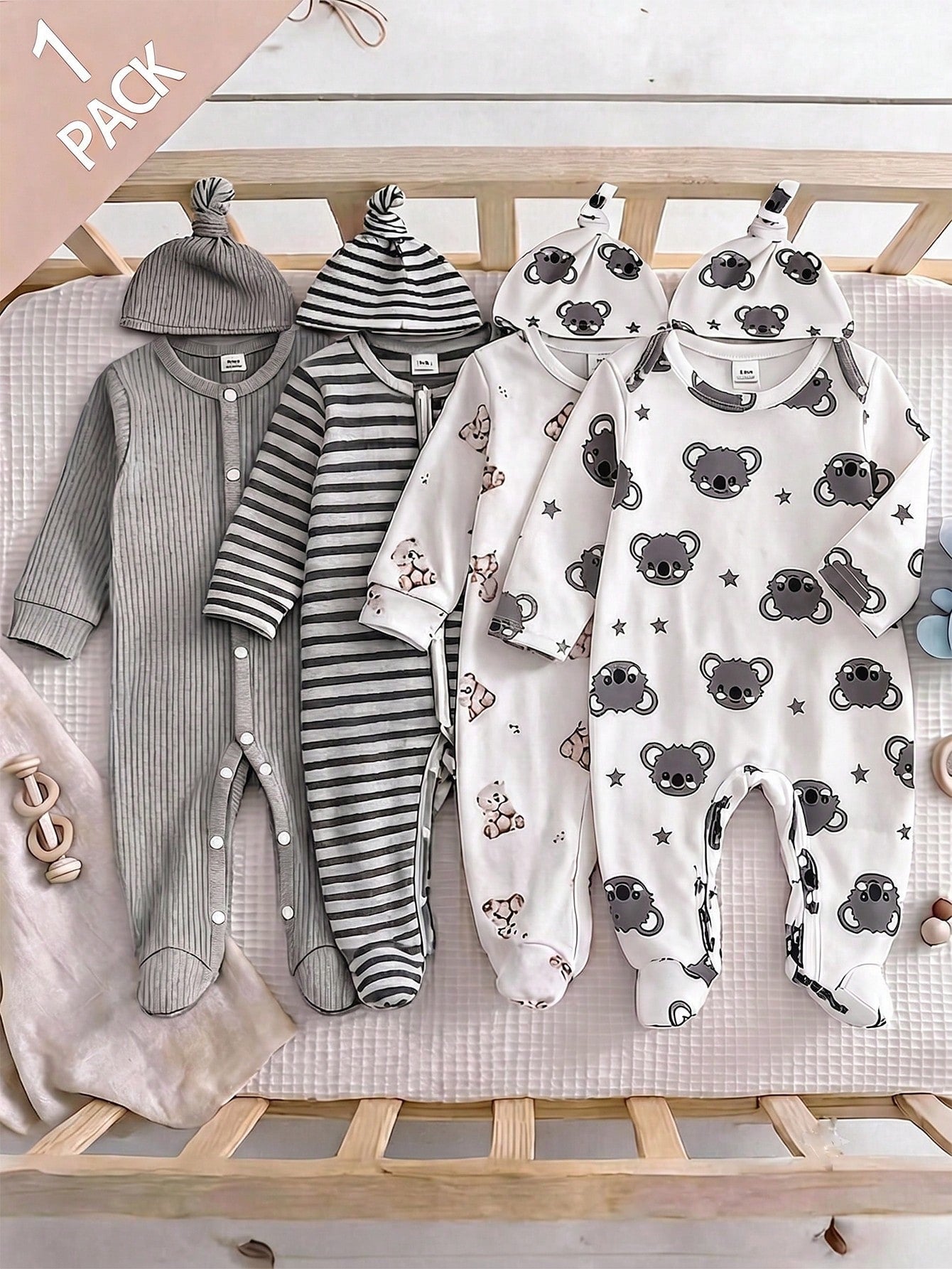 Vintaside Kids 2pcs Newborn Long Sleeve Footed Jumpsuit Hat Set, Knitted Comfortable Soft Cute Koala All-Over Print Pattern Home Wear, Best Gift For Newborn, Versatile Fashion, Best Choice
