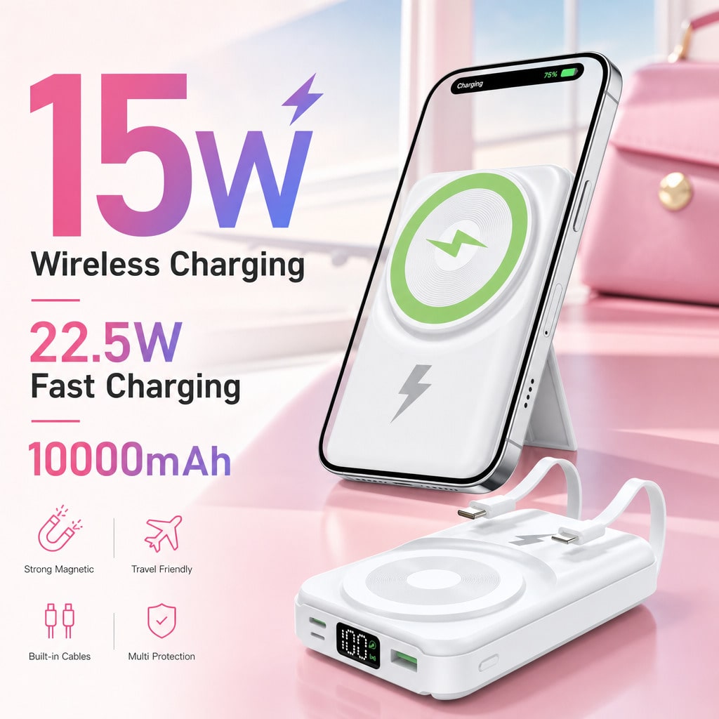 White And Green 10000mAh Magnetic Phone Charger With 15W Wireless And 22.5W Fast Charging, Featuring A Bright Battery Percentage Display, Smooth White Finish And Folding Kickstand, Made For Compatible