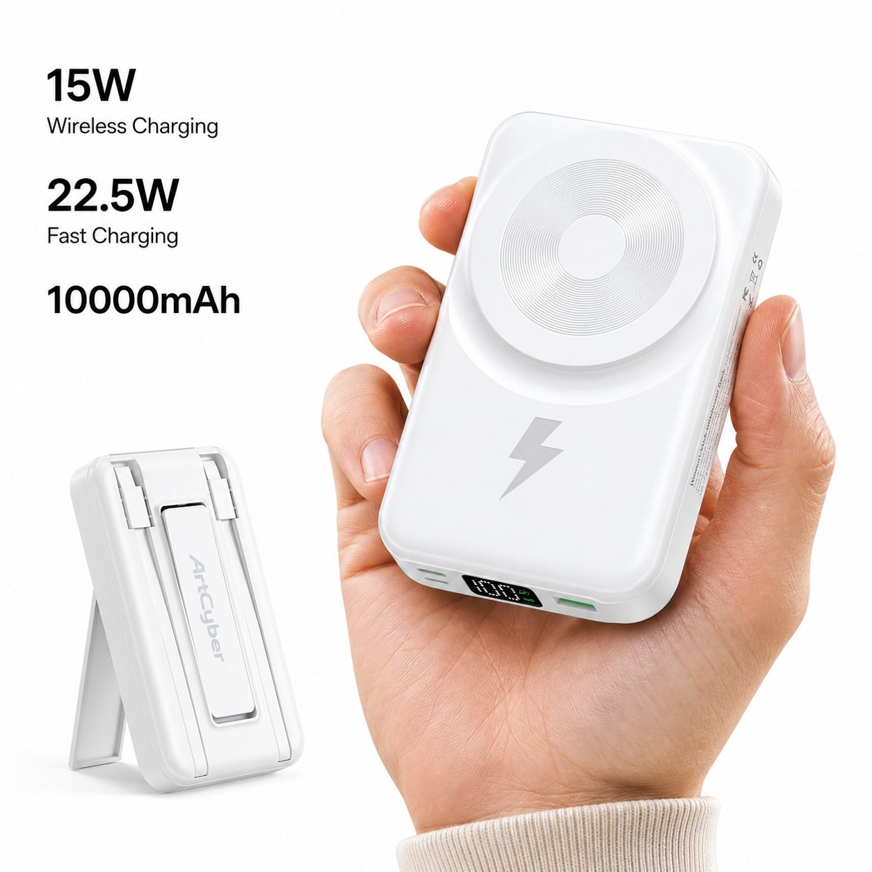 White And Green 10000mAh Magnetic Portable Charger With 15W Wireless And 22.5W Fast Charging, Featuring An LED Power Readout, Slim White Shell And Rear Stand For Hands-Free Viewing, Designed For IPhon
